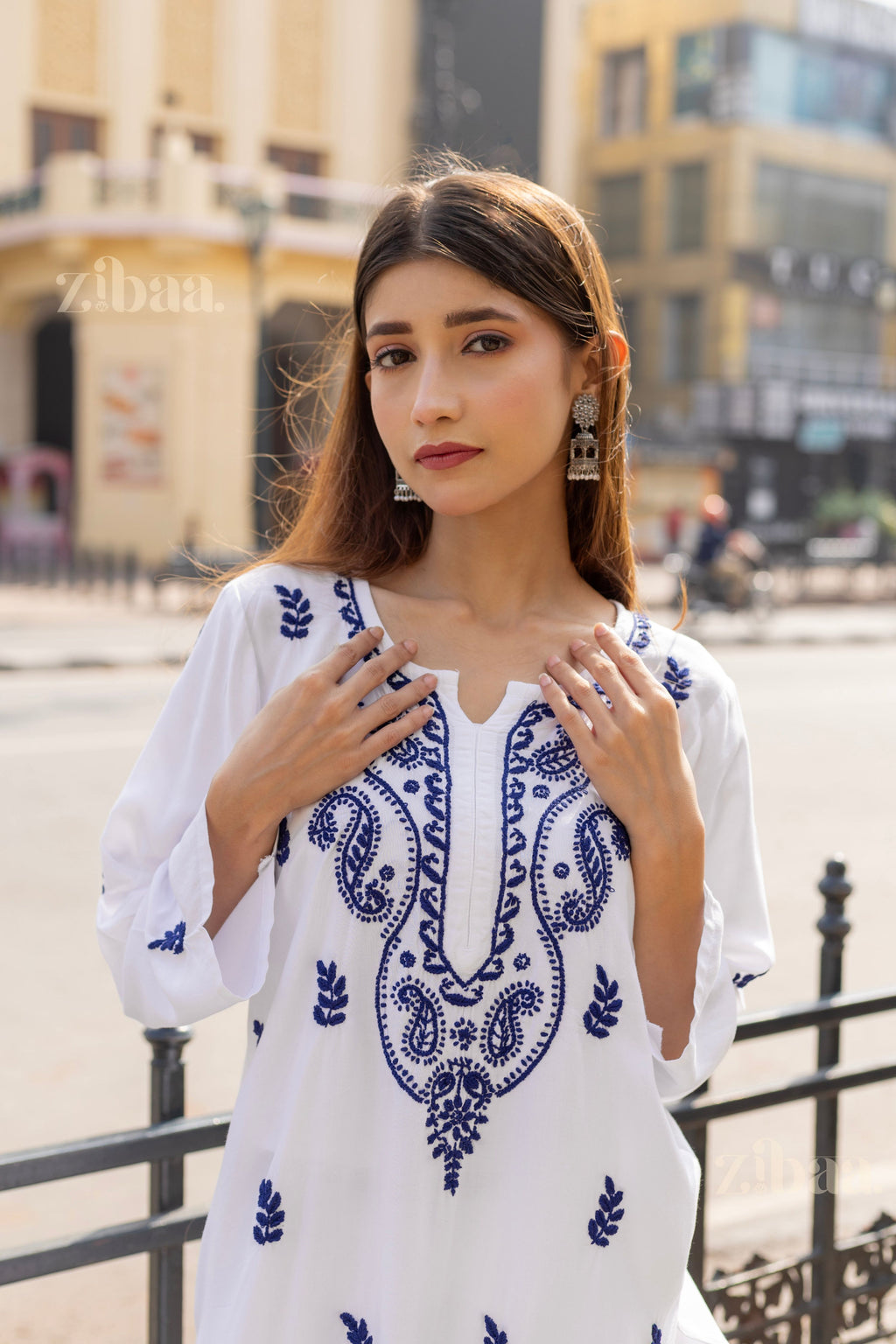 Zibaa Rayon White Chikankari Kurti with small motifs | Grocsy