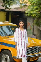 Zibaa Modal White Chikankari Kurti With Maroon Bel | Grocsy