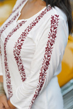 Zibaa Modal White Chikankari Kurti With Maroon Bel | Grocsy