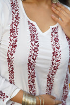 Zibaa Modal White Chikankari Kurti With Maroon Bel | Grocsy