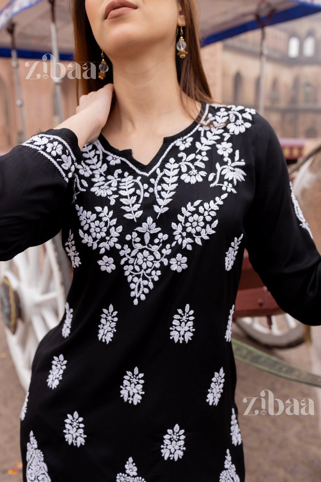 Zibaa Modal Black Short Chikankari Kurti | Grocsy