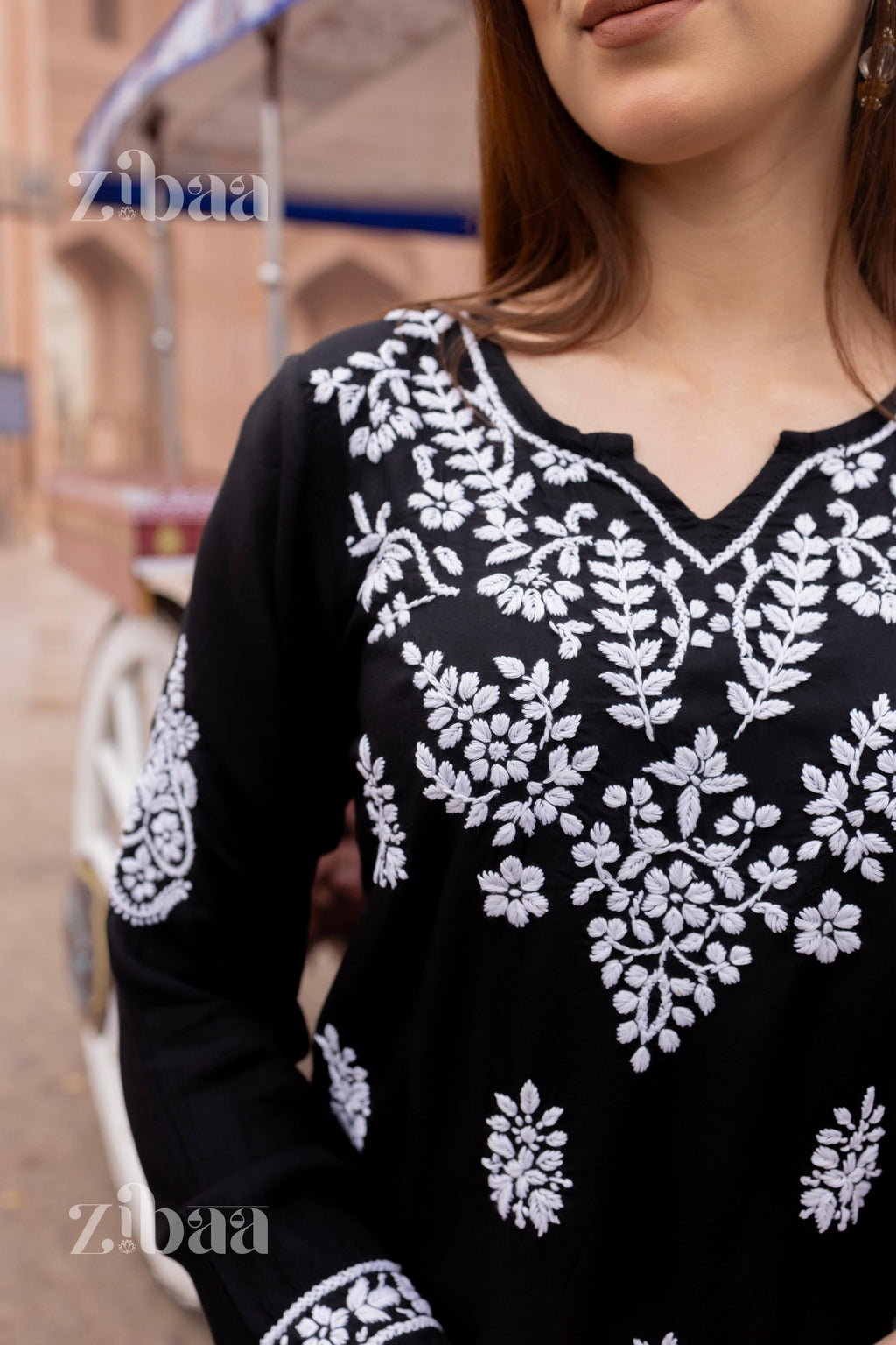 Zibaa Modal Black Short Chikankari Kurti | Grocsy