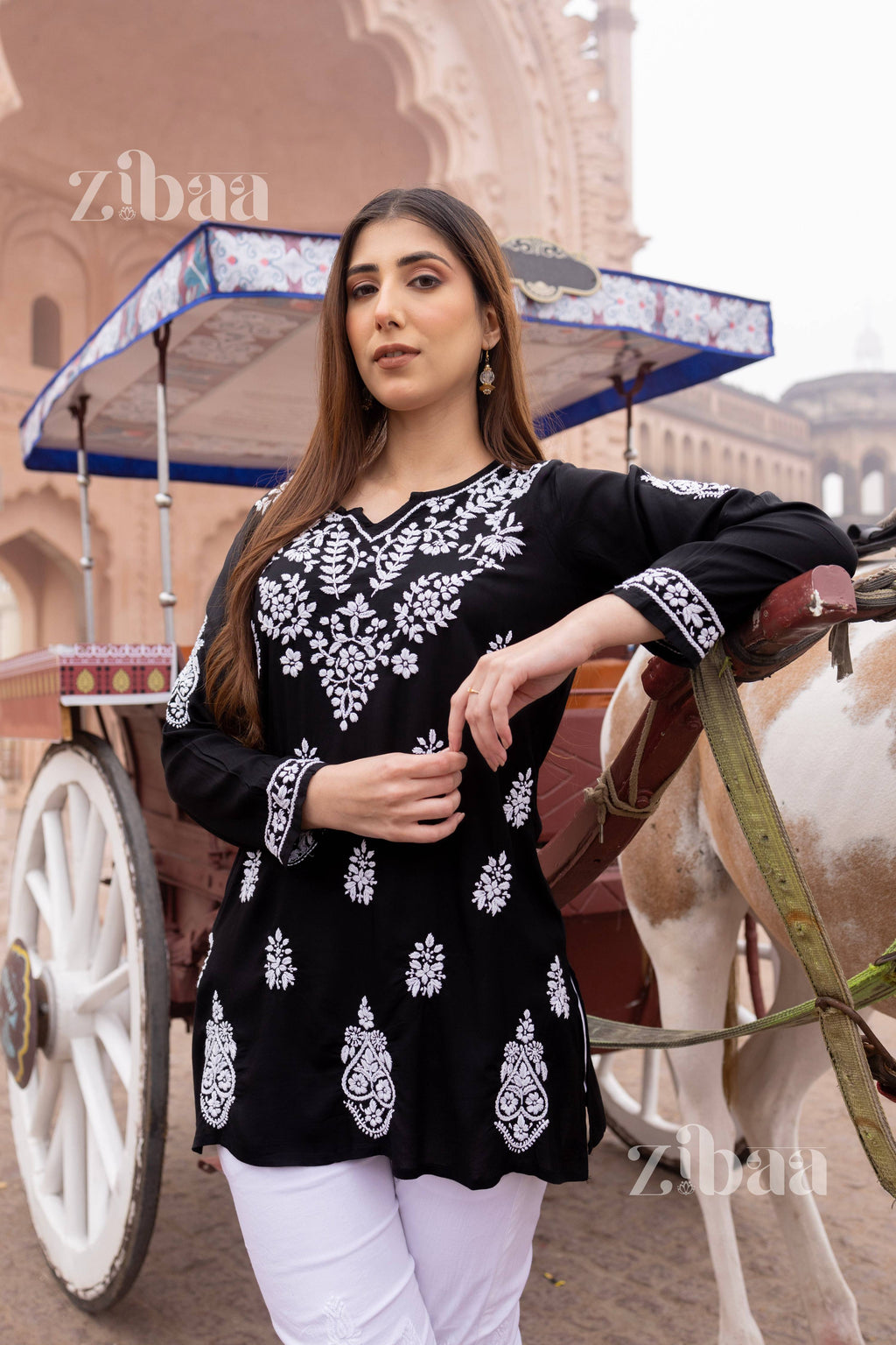 Zibaa Modal Black Short Chikankari Kurti | Grocsy