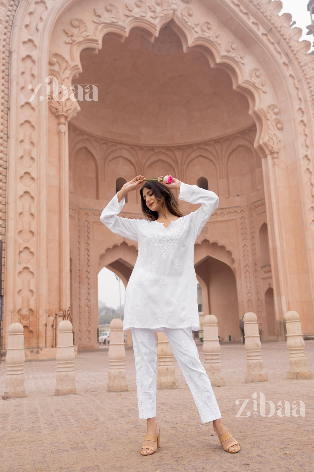 Zibaa Modal White Short Chikankari Kurti | Grocsy