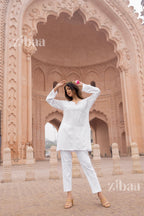 Zibaa Modal White Short Chikankari Kurti | Grocsy
