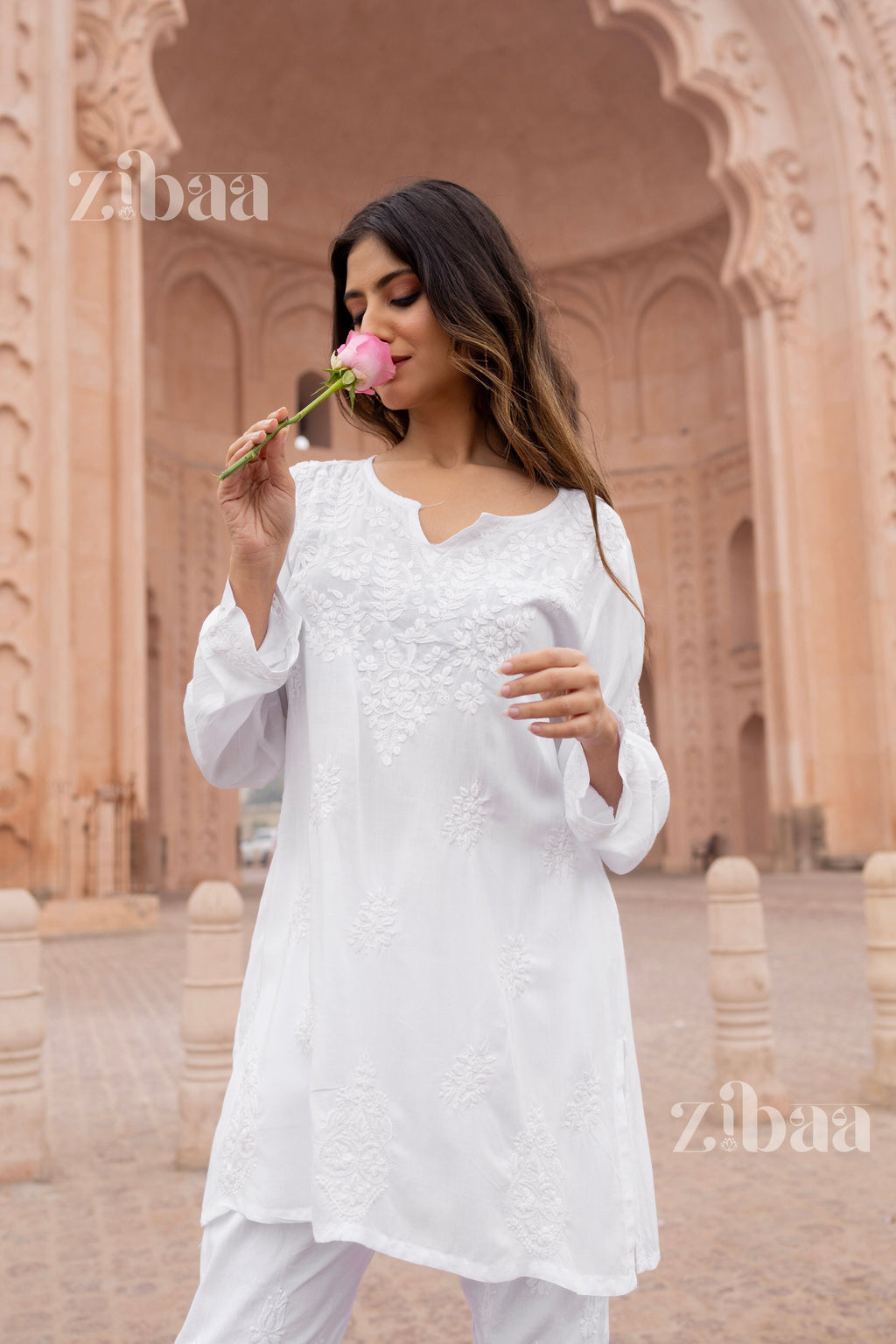 Zibaa Modal White Short Chikankari Kurti | Grocsy