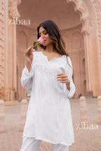 Zibaa Modal White Short Chikankari Kurti | Grocsy