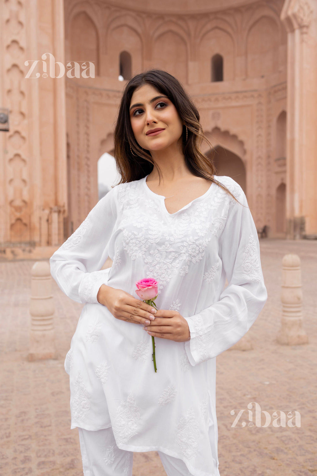 Zibaa Modal White Short Chikankari Kurti | Grocsy