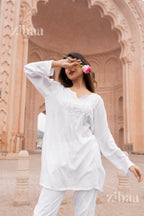 Zibaa Modal White Short Chikankari Kurti | Grocsy