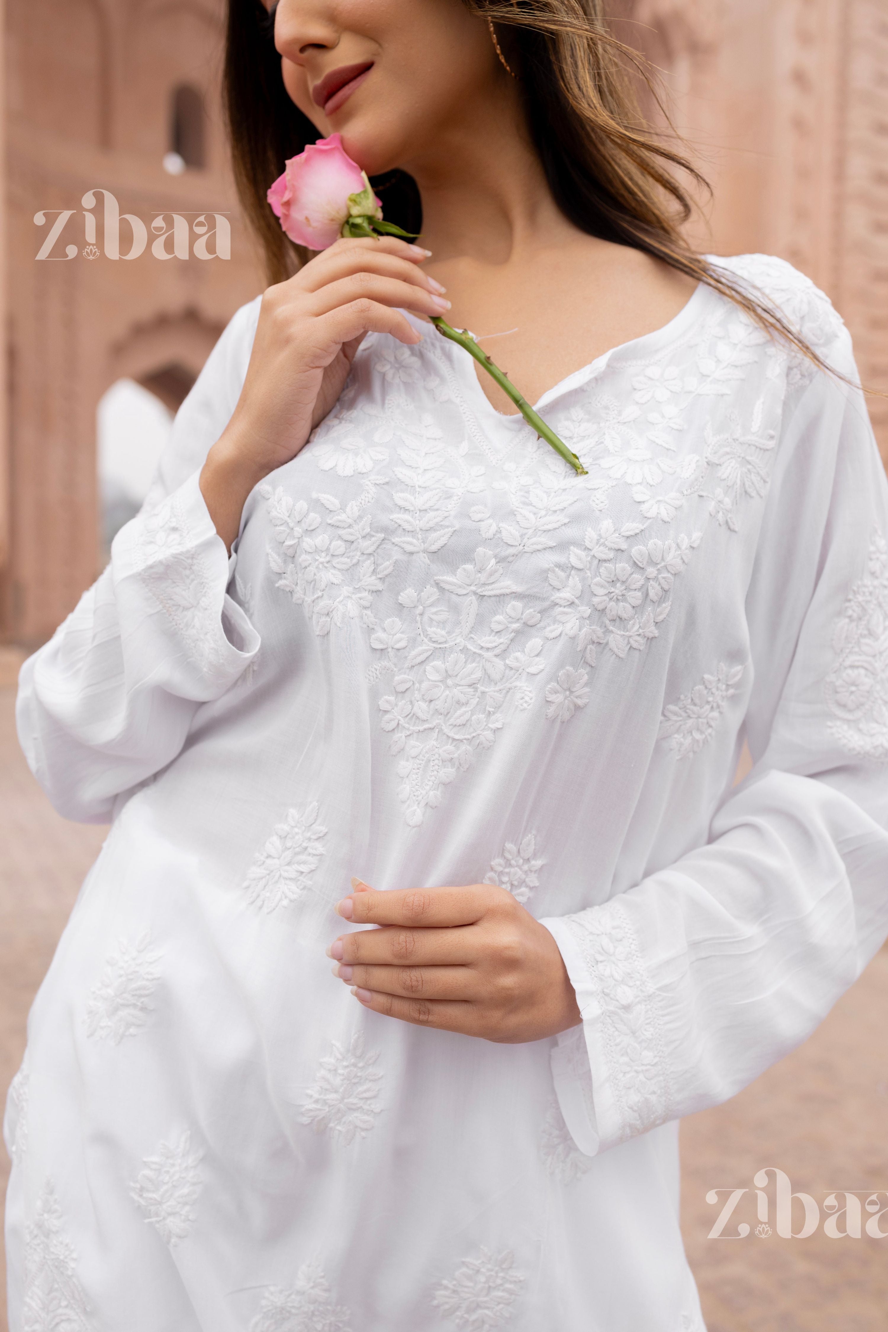 Zibaa Modal White Short Chikankari Kurti | Grocsy