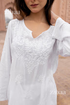 Zibaa Modal White Short Chikankari Kurti | Grocsy