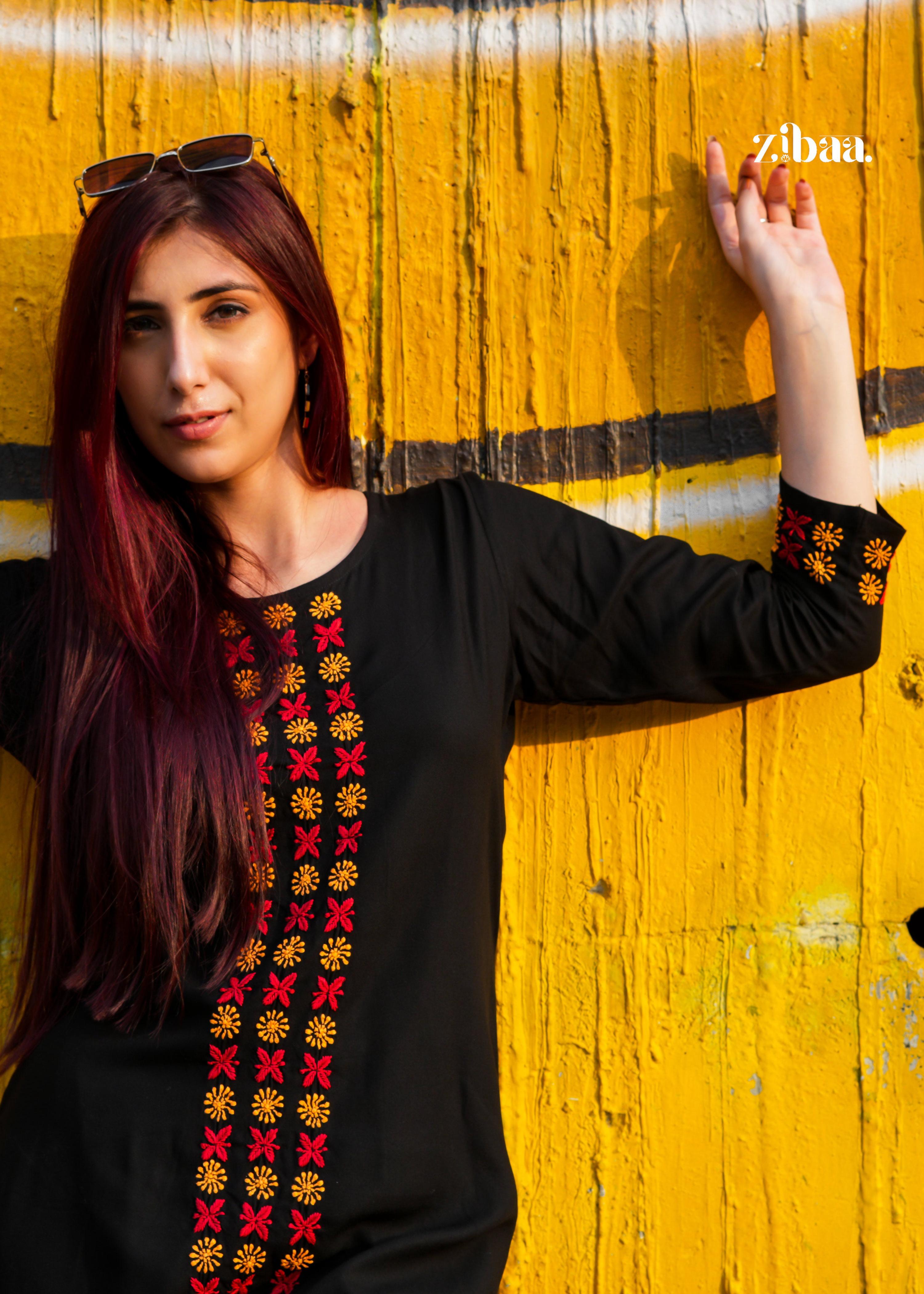 Zibaa Luxury Rayon Black Chikankari Kurta Set | Grocsy