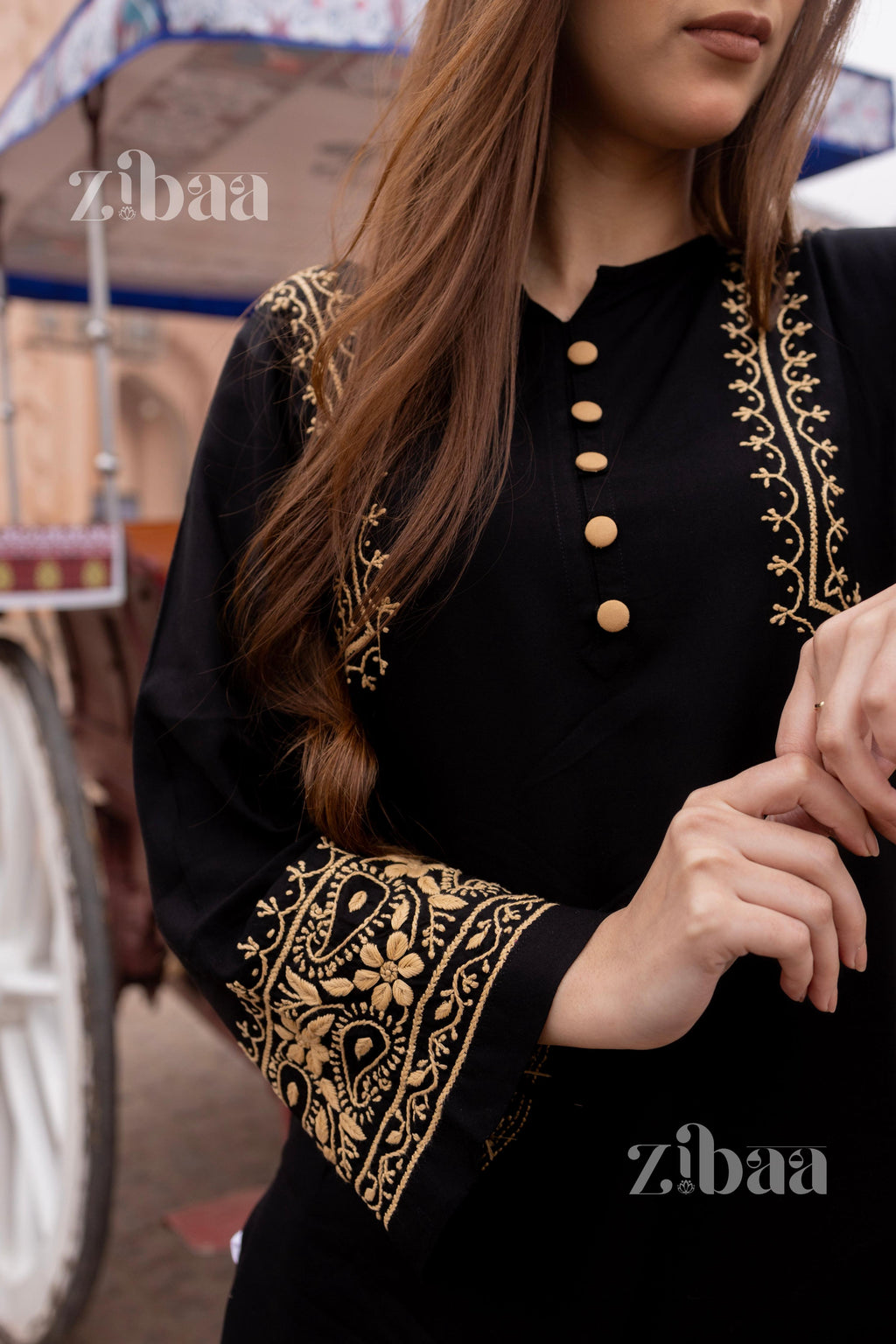 Zibaa Luxury Rayon Black Chikankari Kurta with Hand Jaal | Grocsy