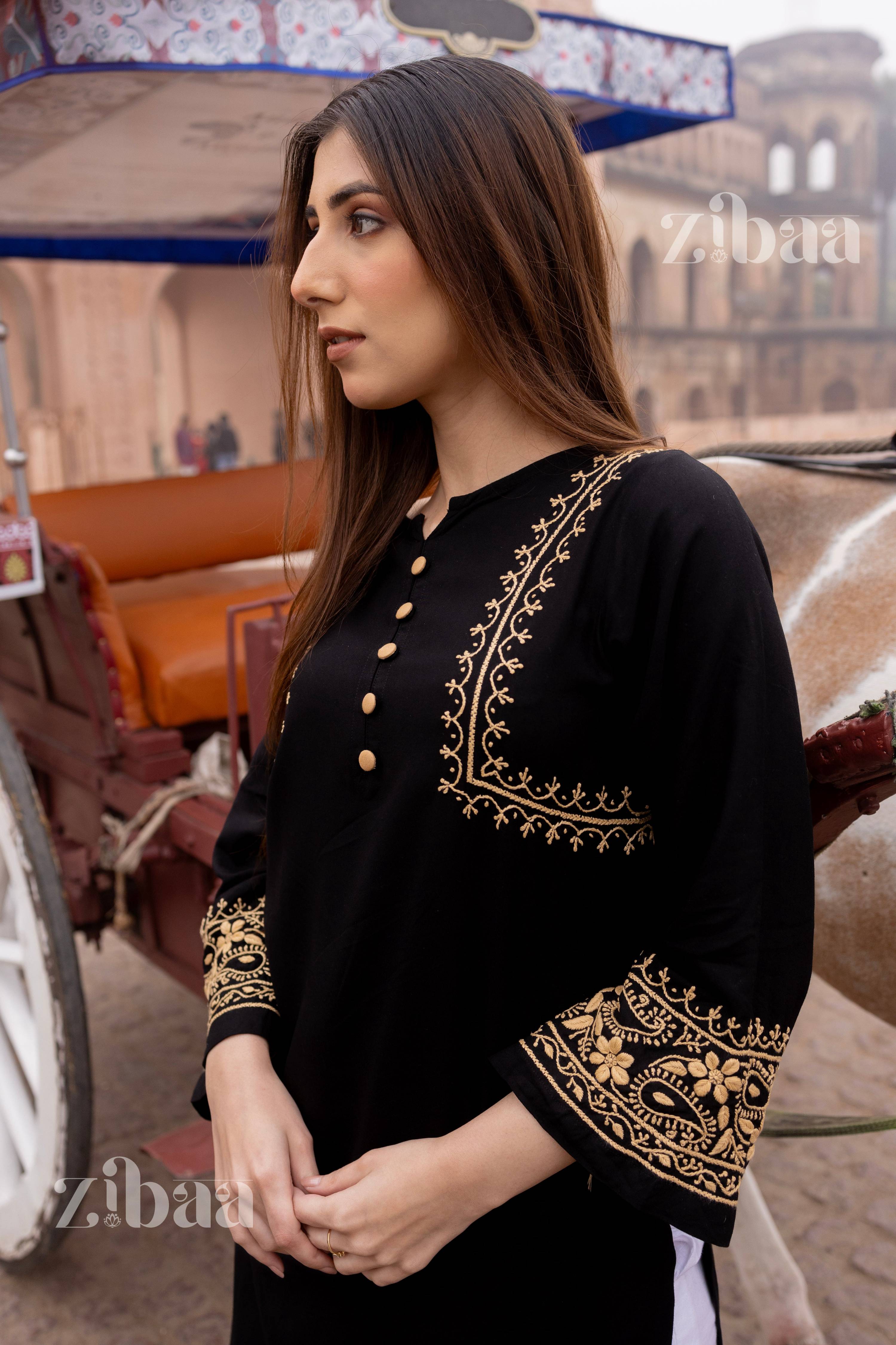 Zibaa Luxury Rayon Black Chikankari Kurta with Hand Jaal | Grocsy