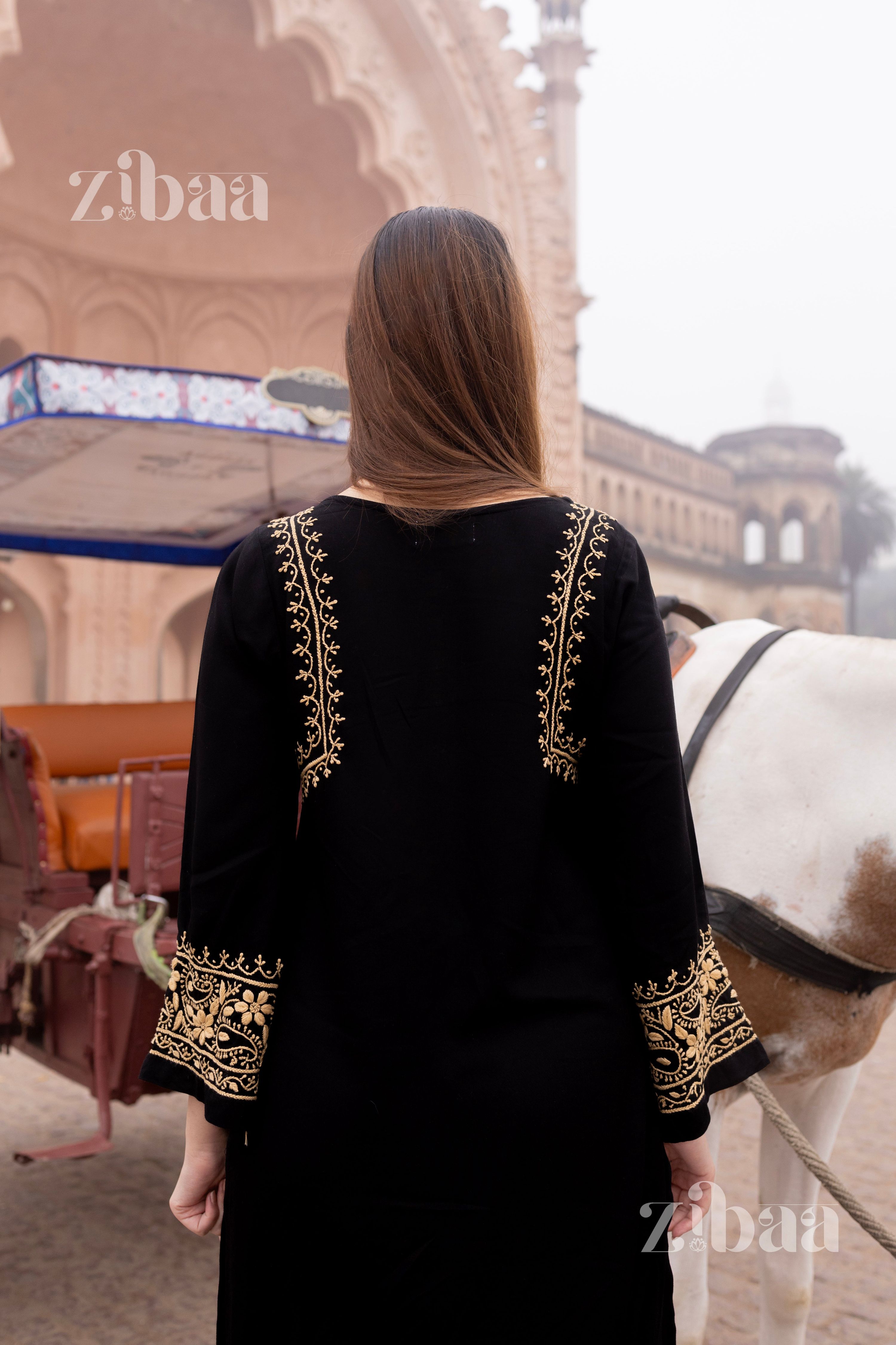Zibaa Luxury Rayon Black Chikankari Kurta with Hand Jaal | Grocsy