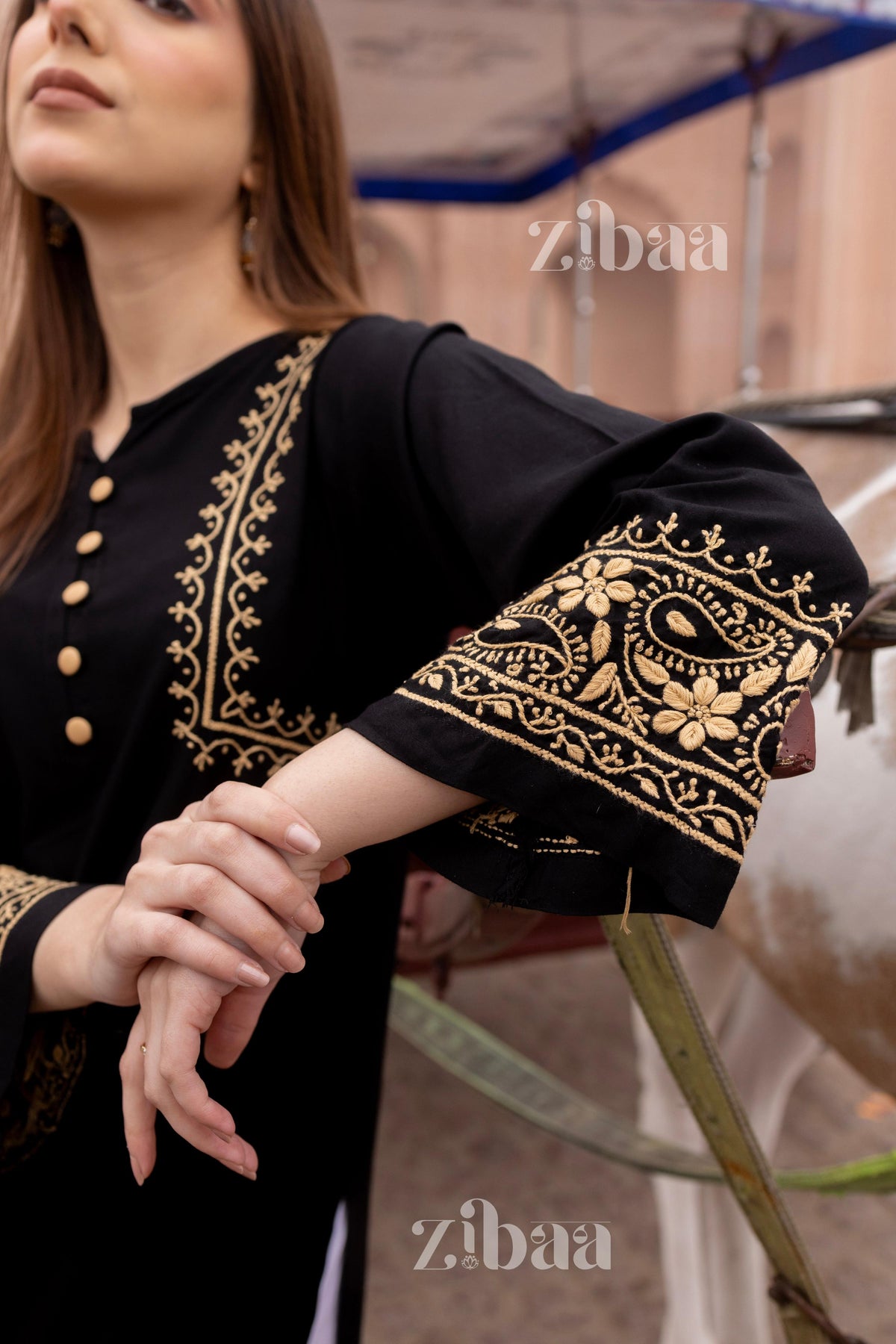 Zibaa Luxury Rayon Black Chikankari Kurta with Hand Jaal | Grocsy