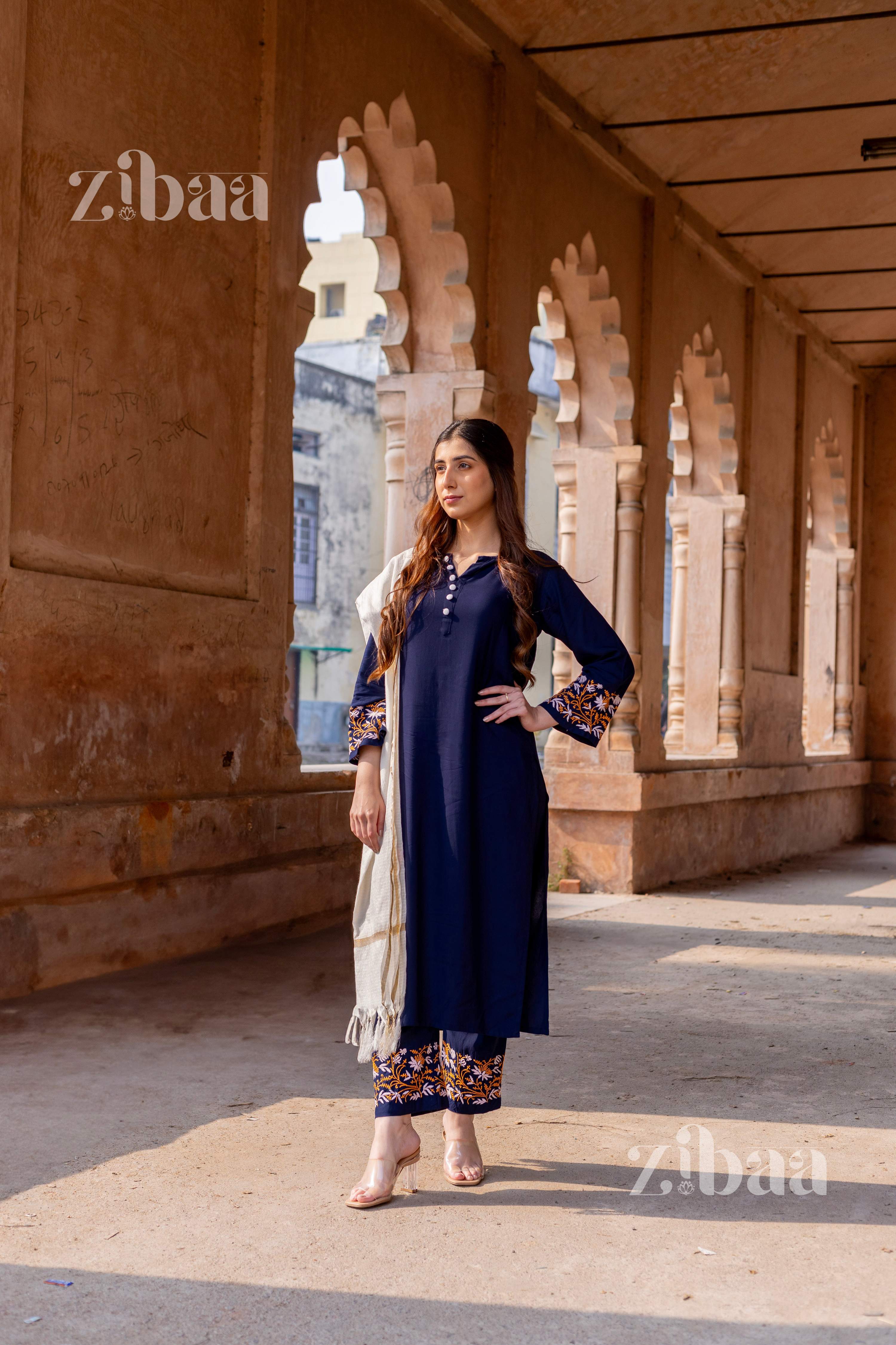 Zibaa Luxury Rayon Blue Chikankari Kurta Set with Kota Dupatta | Grocsy