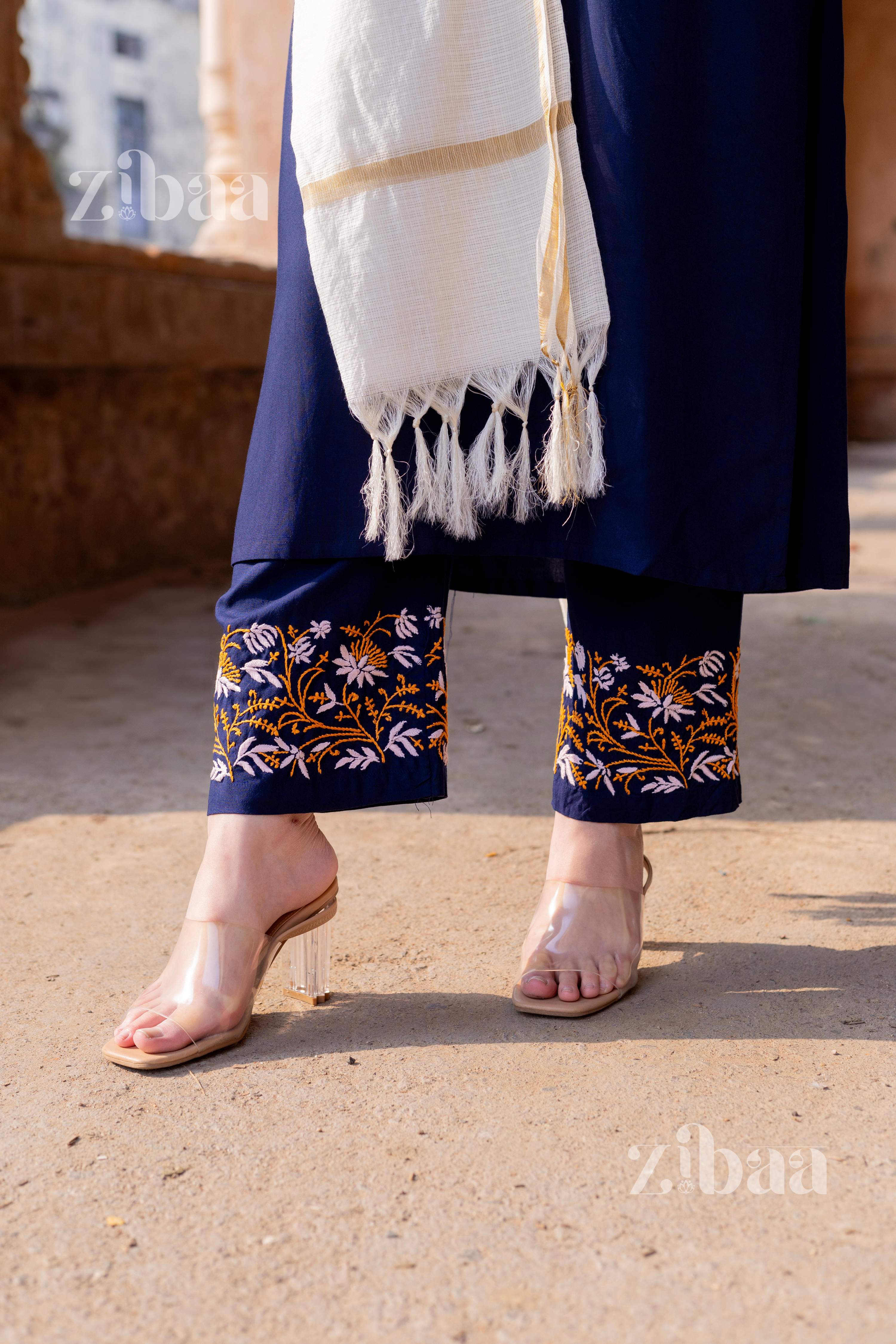 Zibaa Luxury Rayon Blue Chikankari Kurta Set with Kota Dupatta | Grocsy