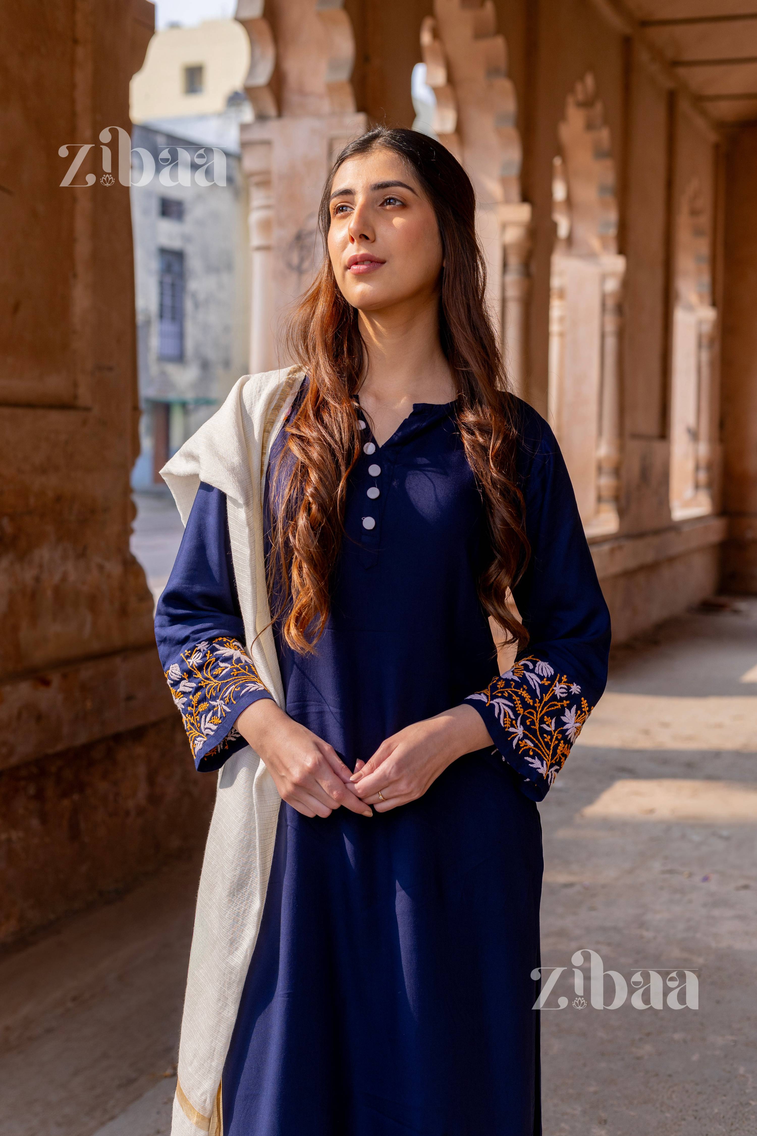 Zibaa Luxury Rayon Blue Chikankari Kurta Set with Kota Dupatta | Grocsy