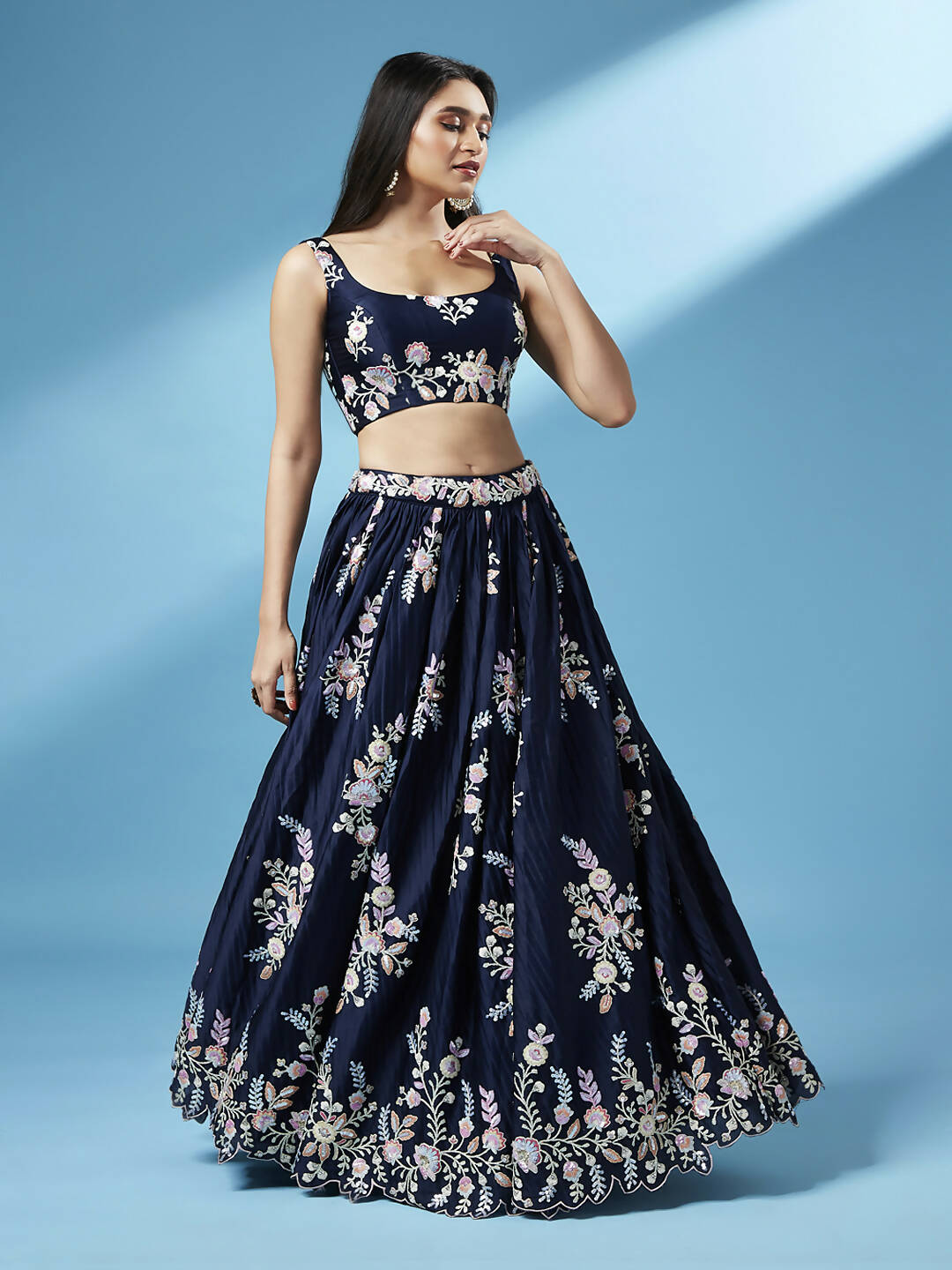 House of Panchhi Navy Blue Pure Georgette Thread & Sequinse Work Lehenga & Blouse, Dupatta | Grocsy