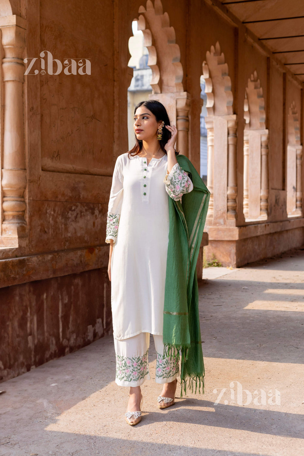 Zibaa Ivory Pure Muslin Chikankari Kurta Set with Mul Dupatta | Grocsy