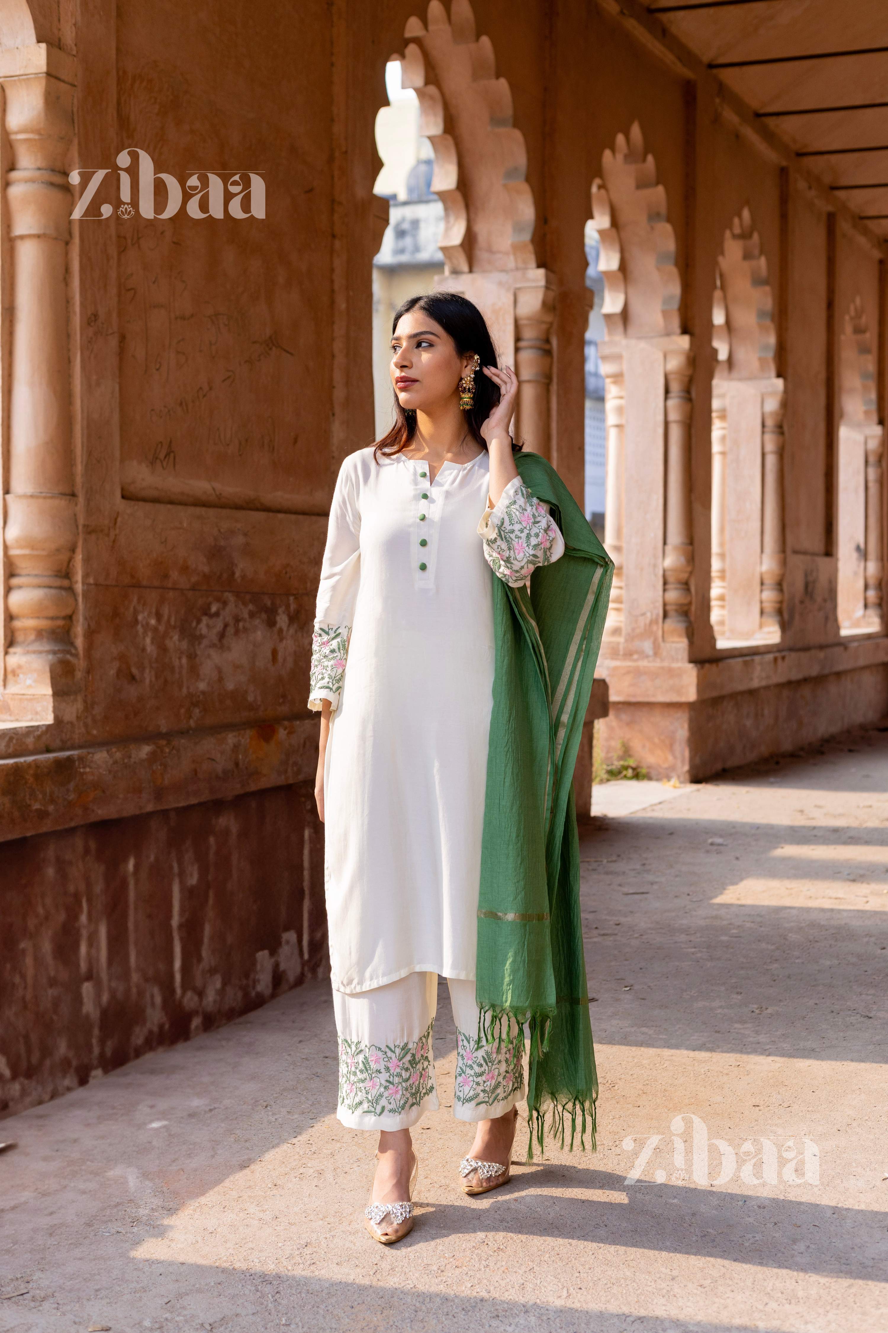 Zibaa Ivory Pure Muslin Chikankari Kurta Set with Mul Dupatta | Grocsy