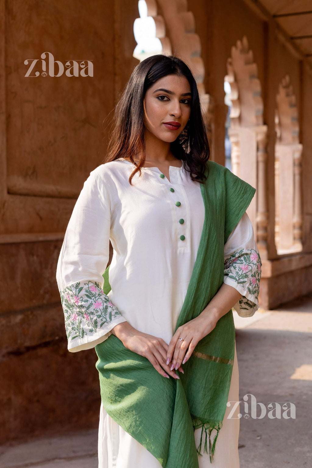 Zibaa Ivory Pure Muslin Chikankari Kurta Set with Mul Dupatta | Grocsy
