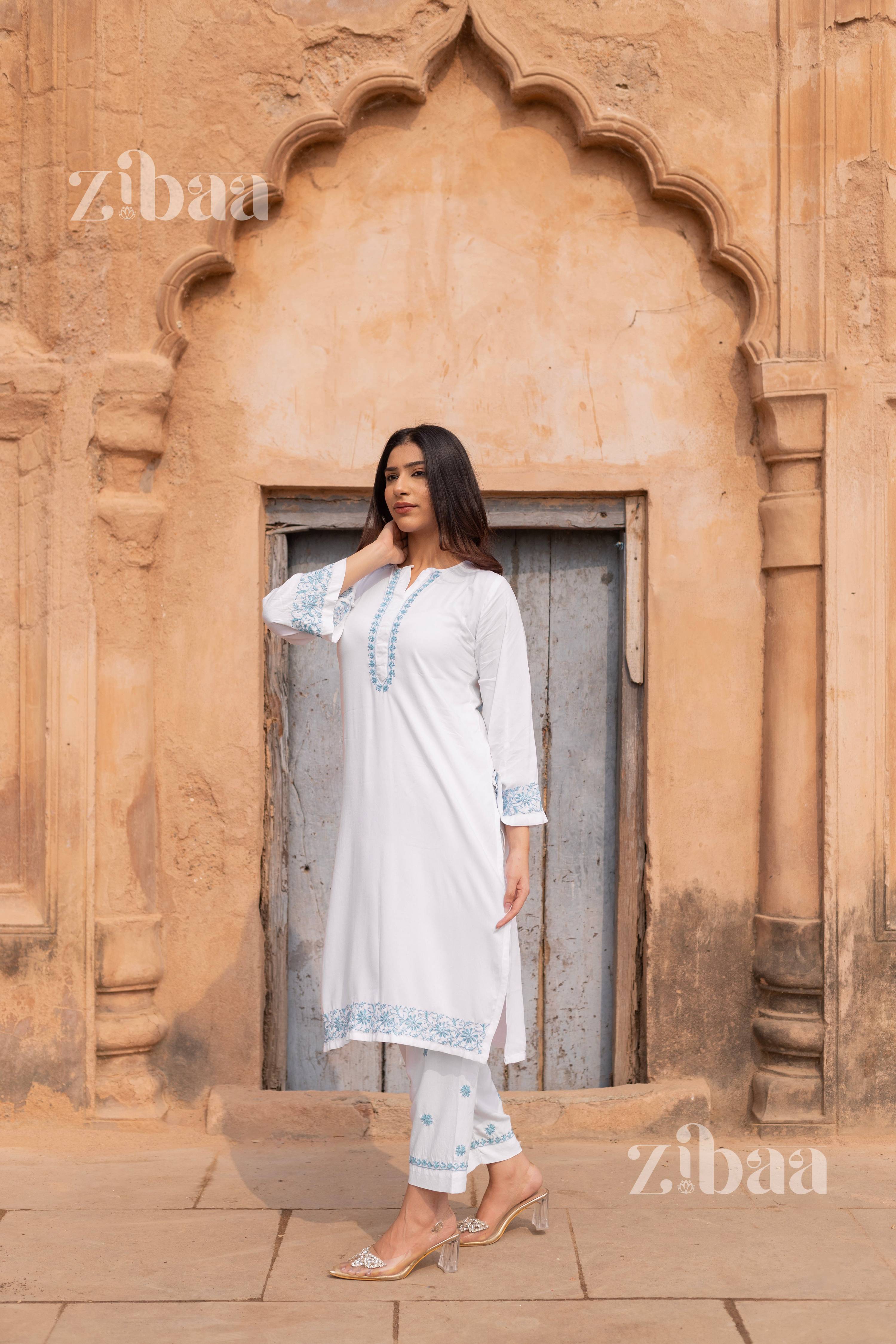 Zibaa Luxury Rayon White Chikankari Kurta Set | Grocsy