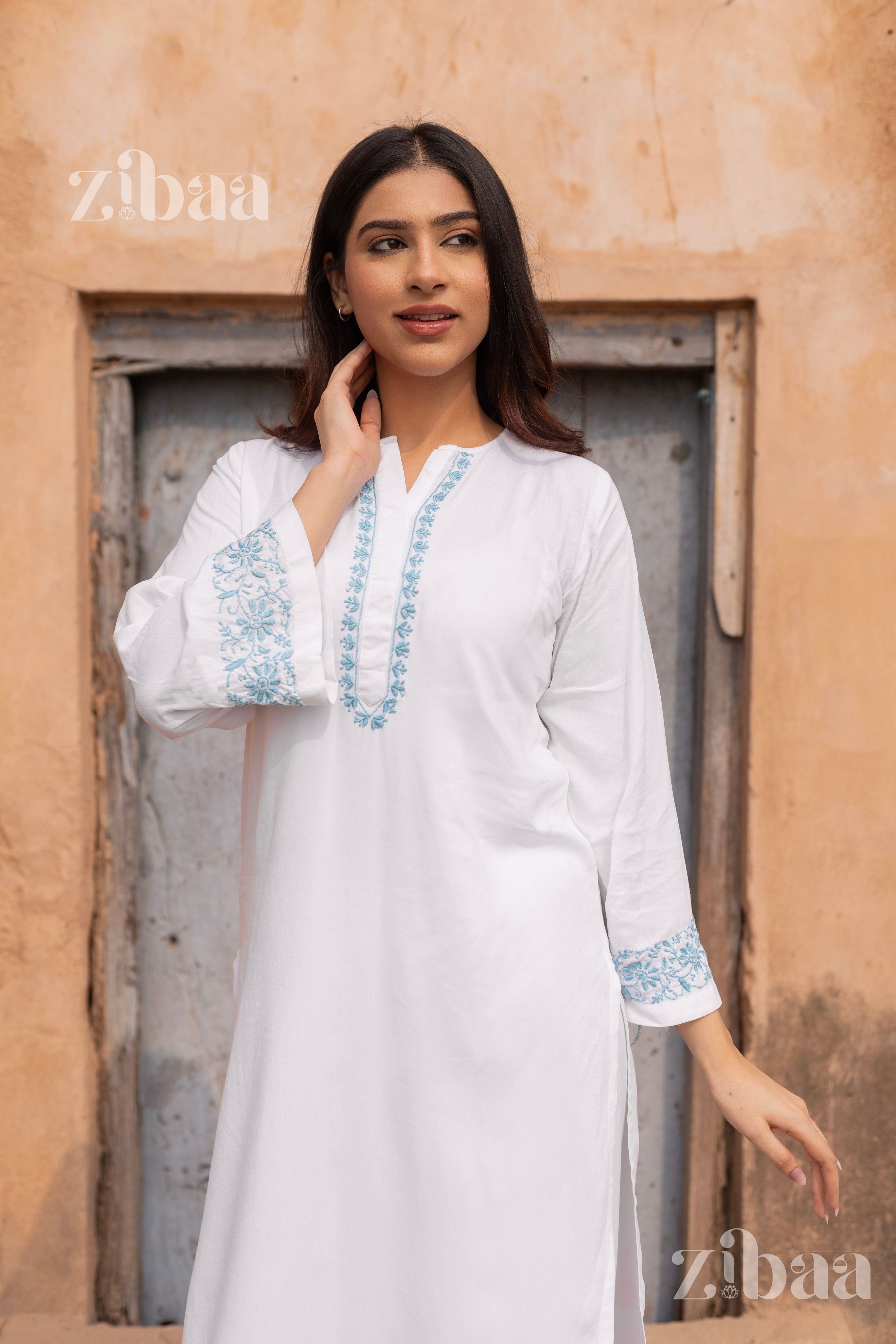 Zibaa Luxury Rayon White Chikankari Kurta Set | Grocsy