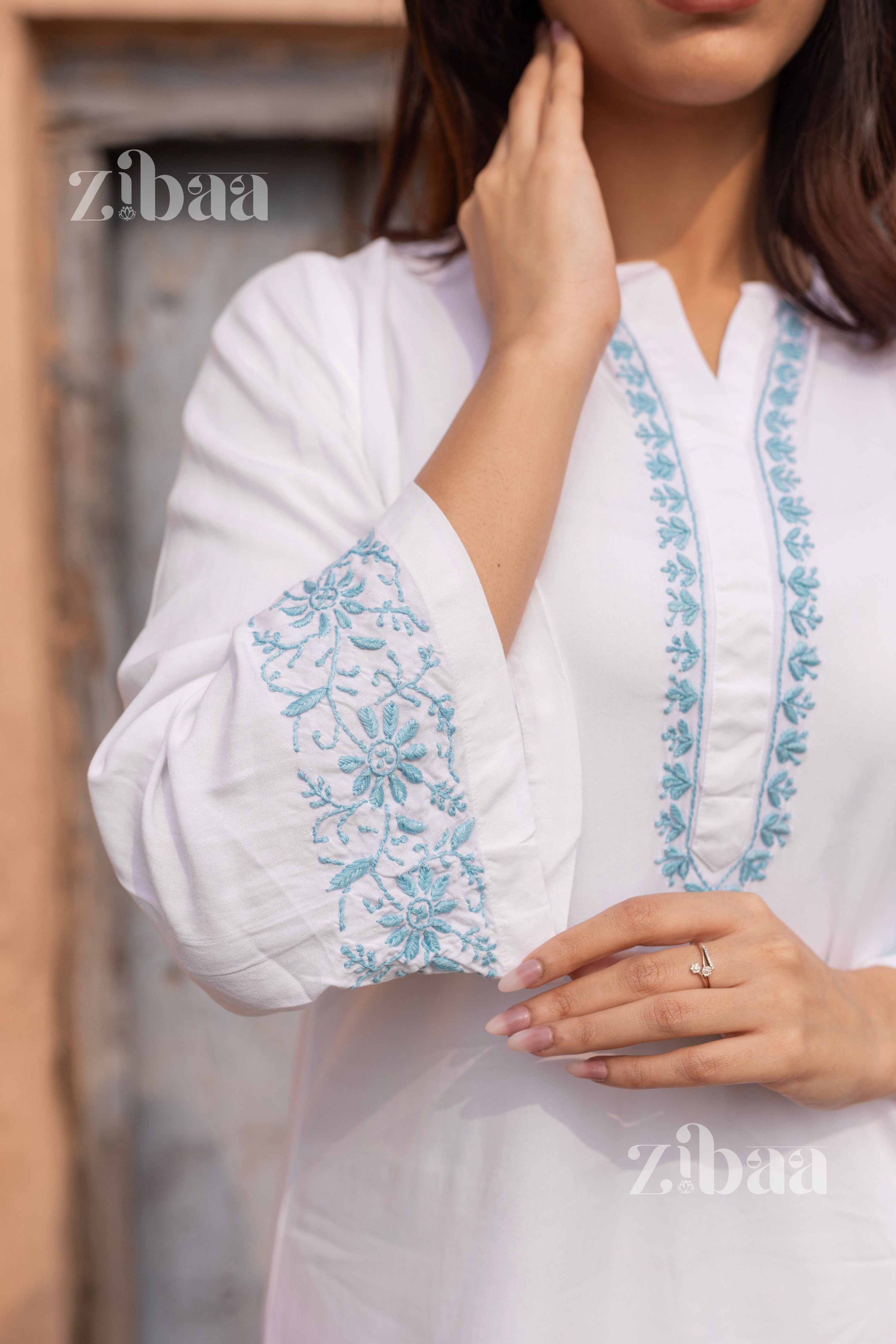 Zibaa Luxury Rayon White Chikankari Kurta Set | Grocsy
