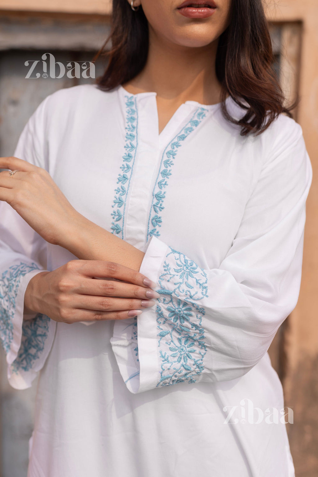 Zibaa Luxury Rayon White Chikankari Kurta Set | Grocsy