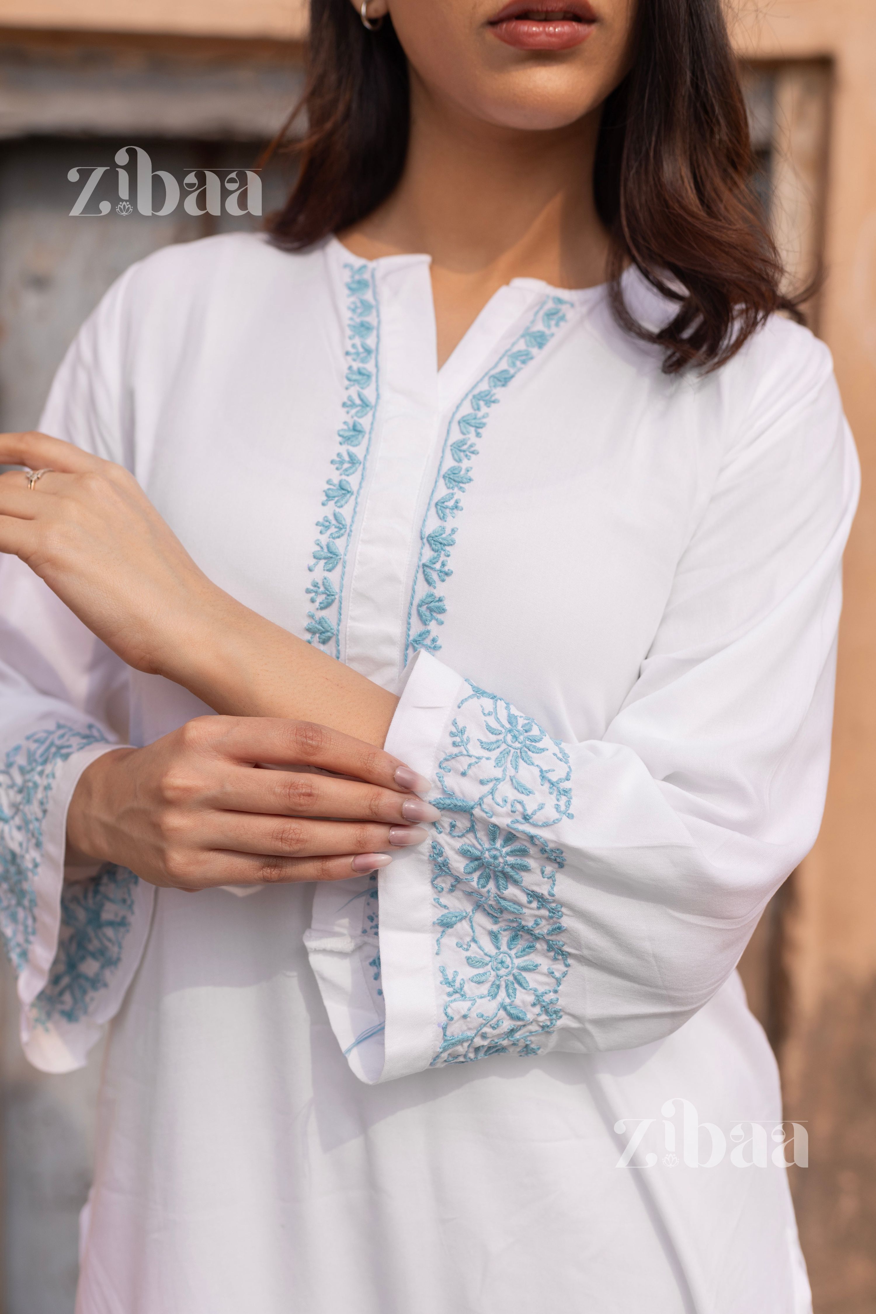 Zibaa Luxury Rayon White Chikankari Kurta Set | Grocsy
