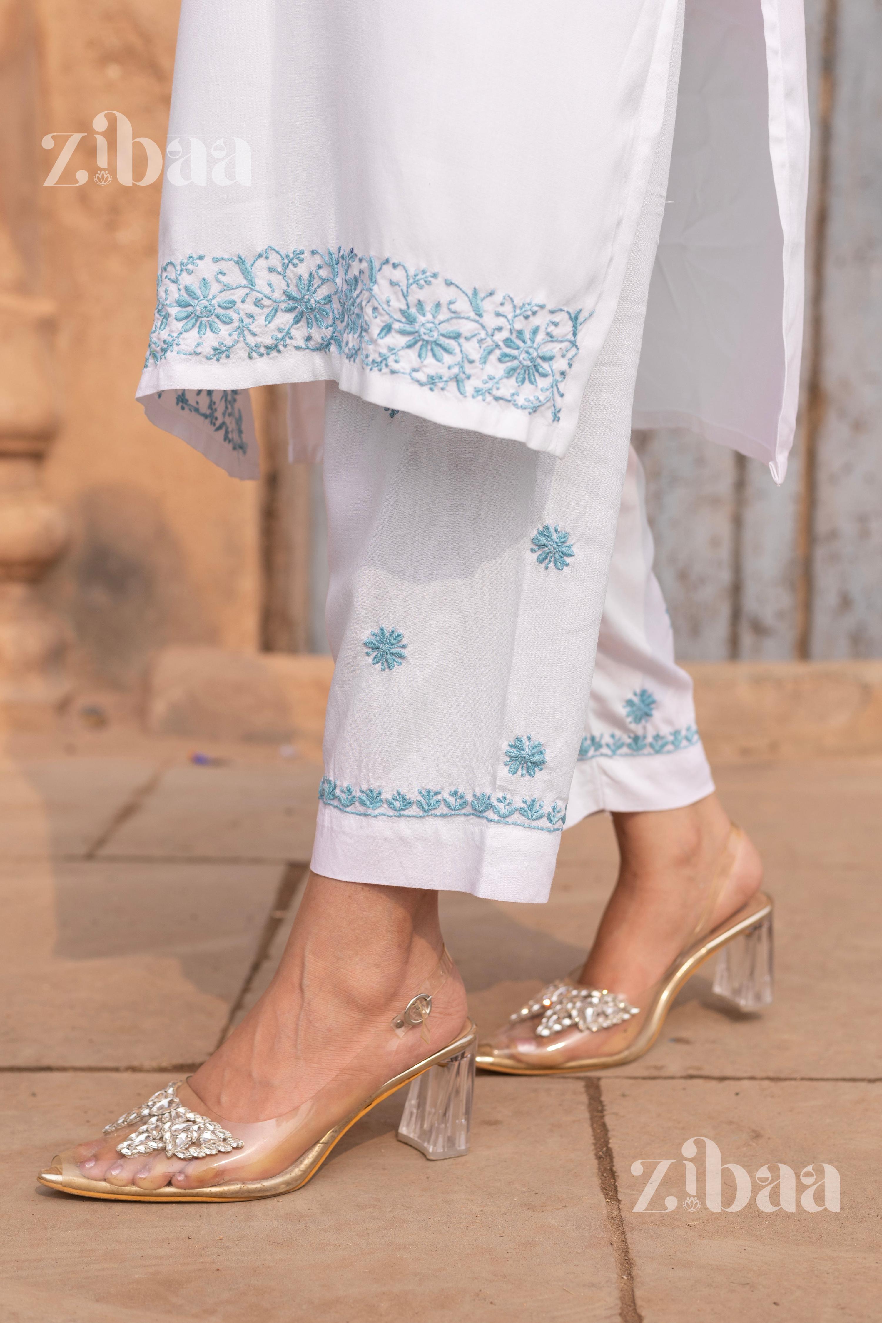 Zibaa Luxury Rayon White Chikankari Kurta Set | Grocsy