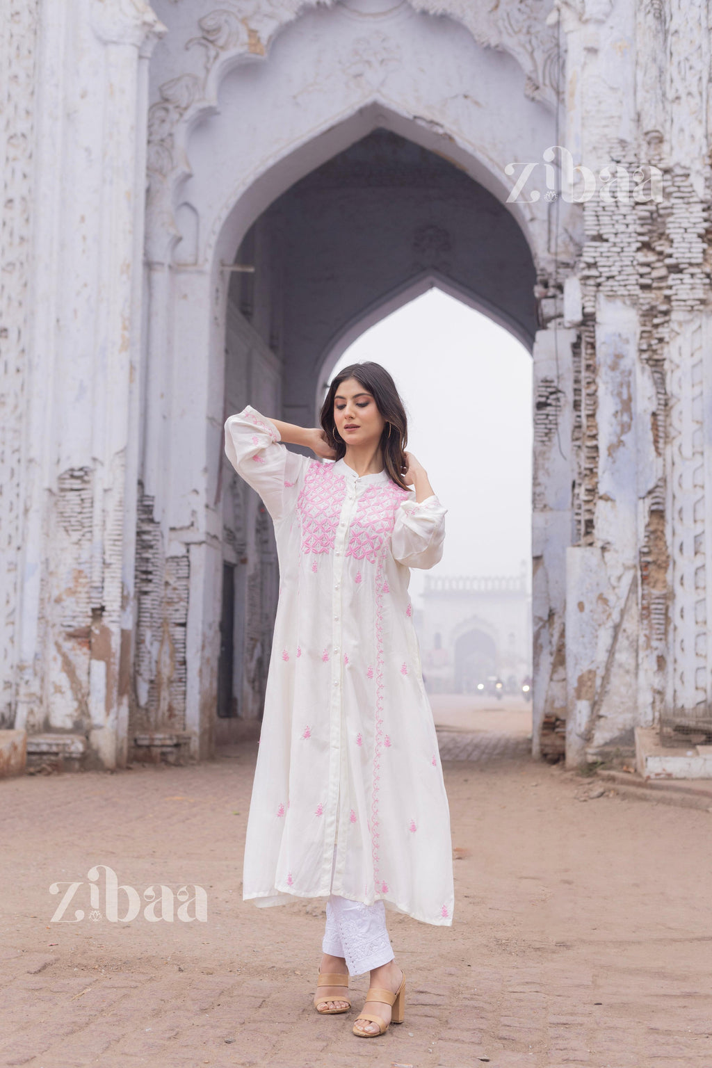 Zibaa Ivory Muslin Long Chikankari Kurta | Grocsy