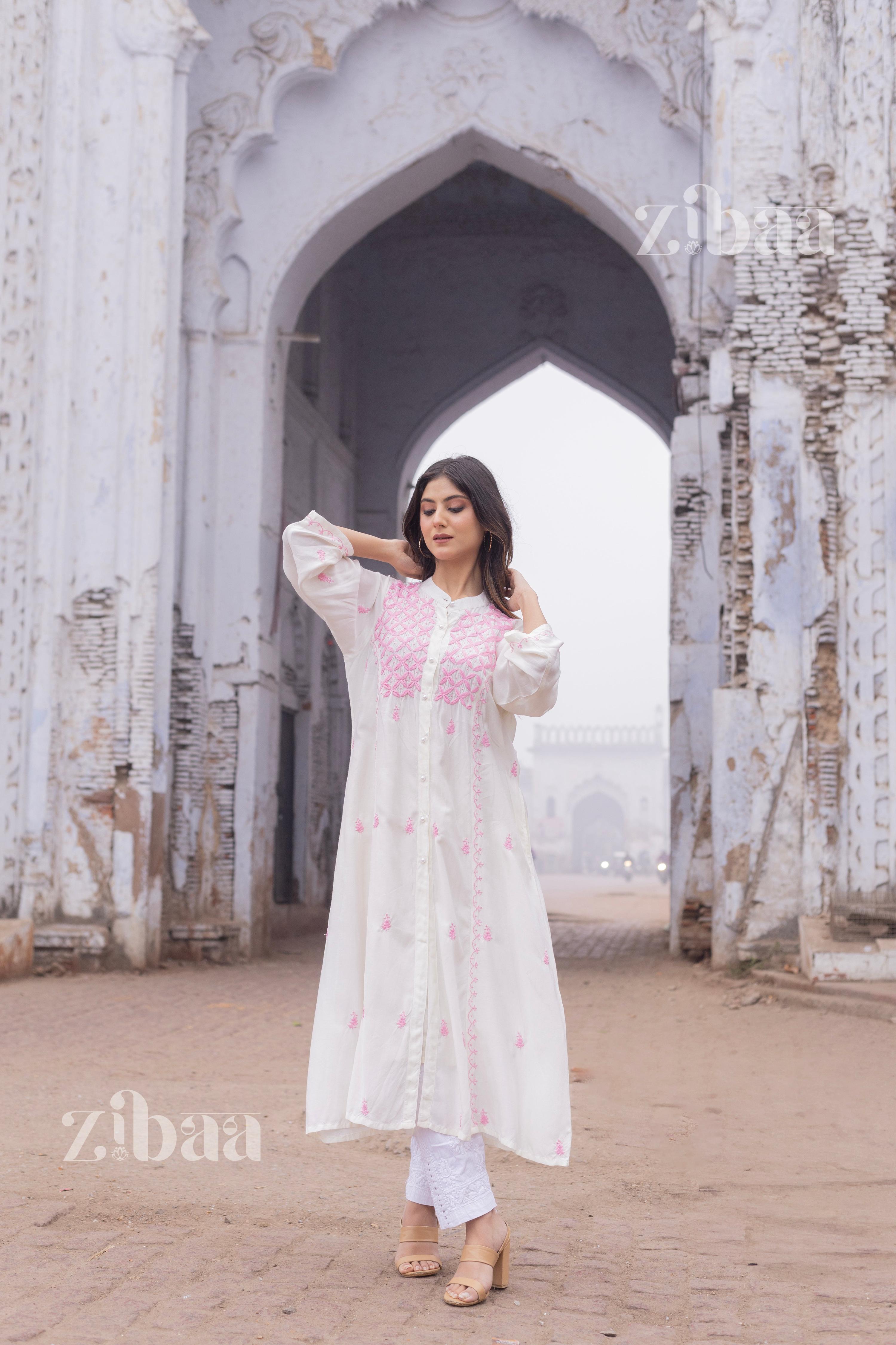 Zibaa Ivory Muslin Long Chikankari Kurta | Grocsy