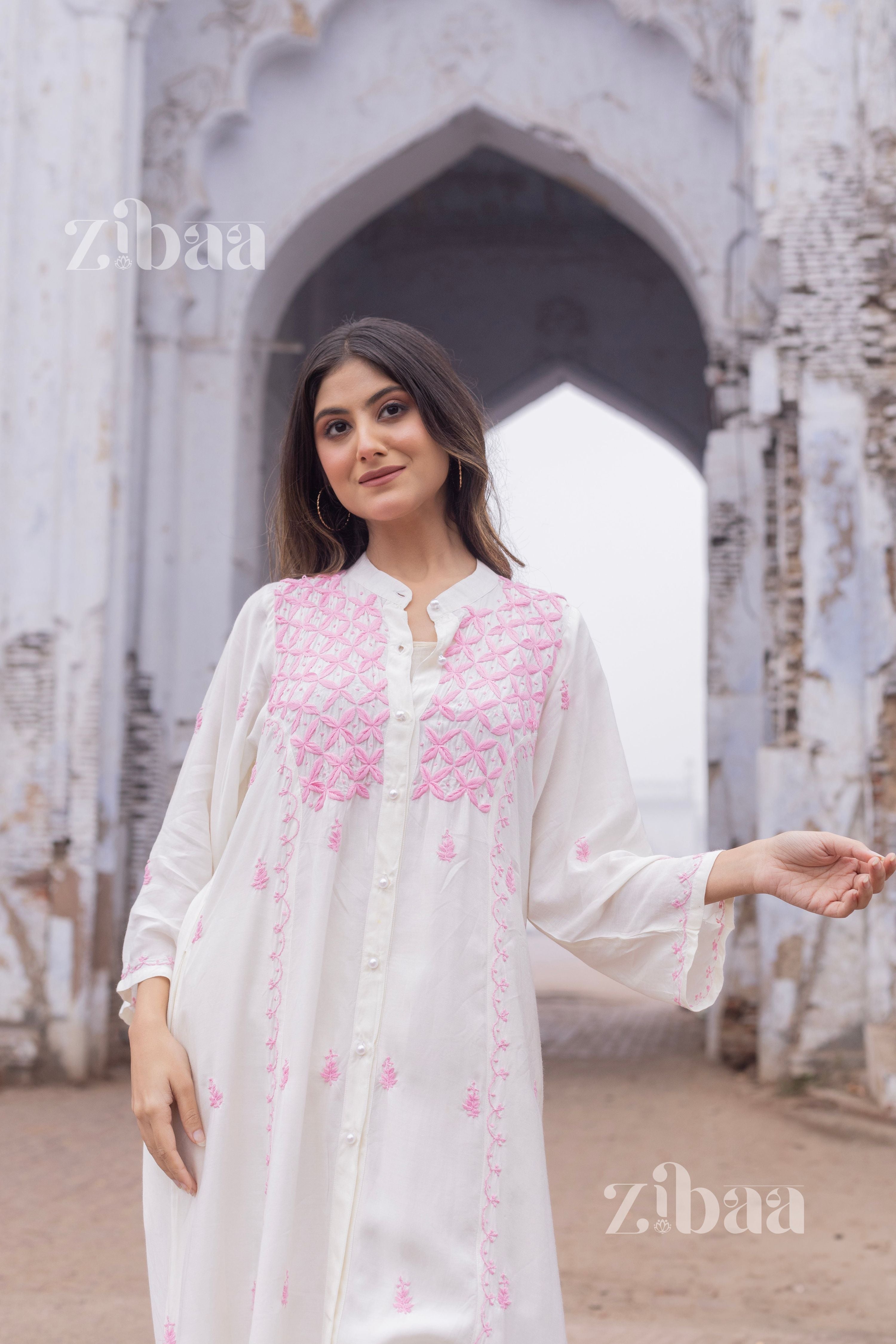 Zibaa Ivory Muslin Long Chikankari Kurta | Grocsy