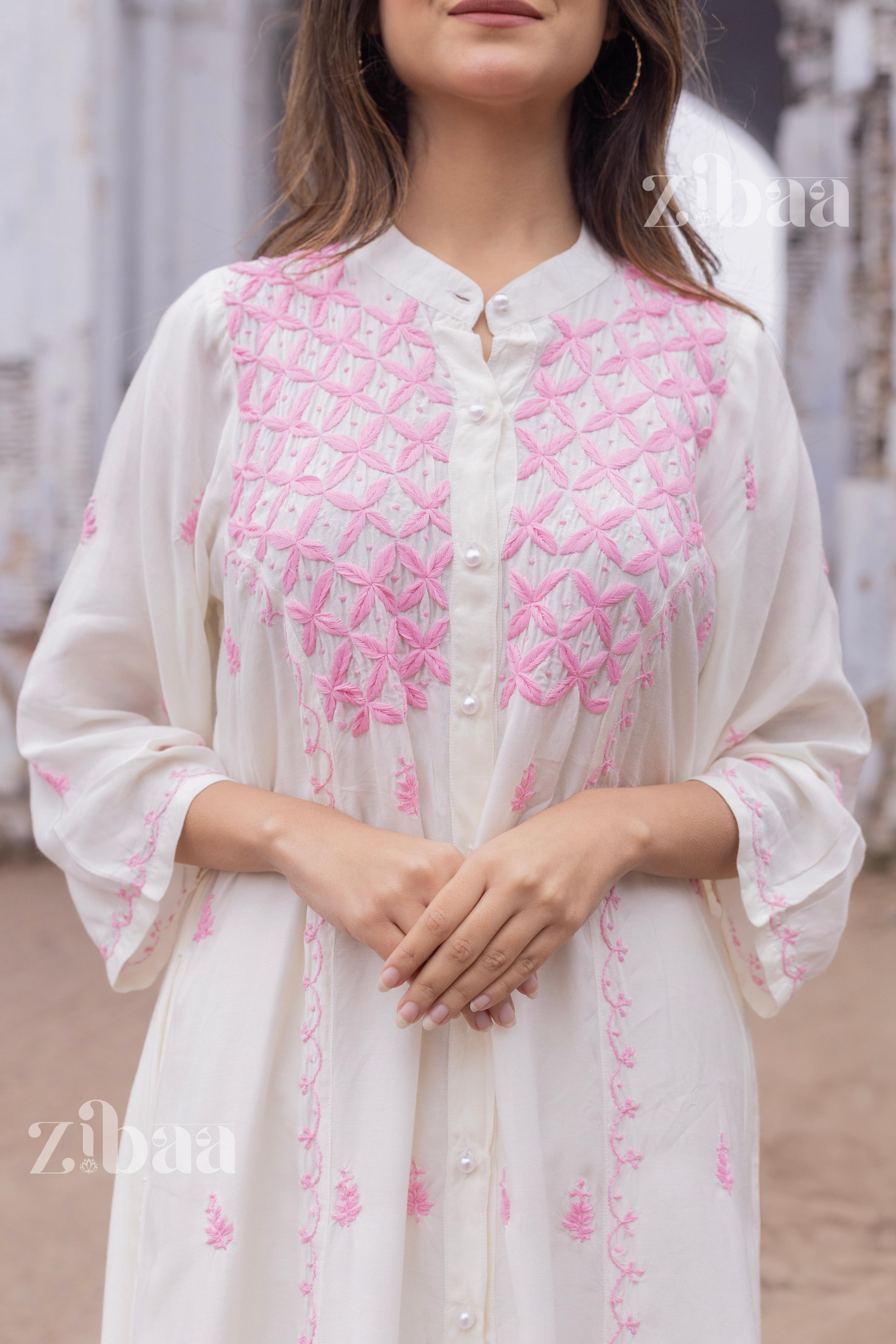 Zibaa Ivory Muslin Long Chikankari Kurta | Grocsy