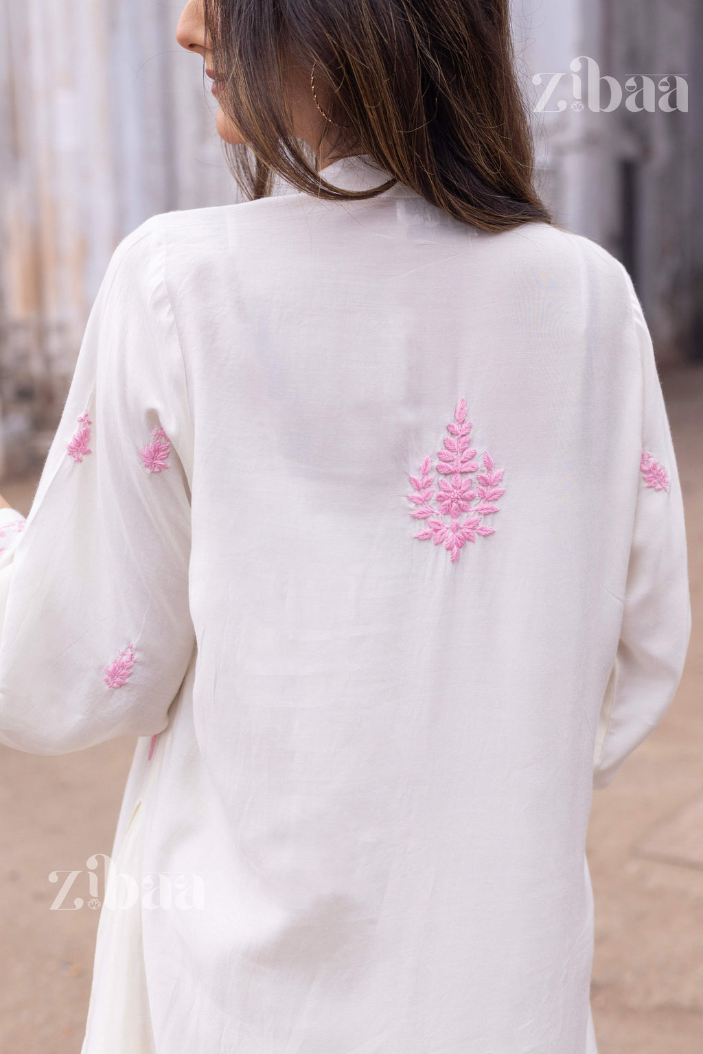 Zibaa Ivory Muslin Long Chikankari Kurta | Grocsy