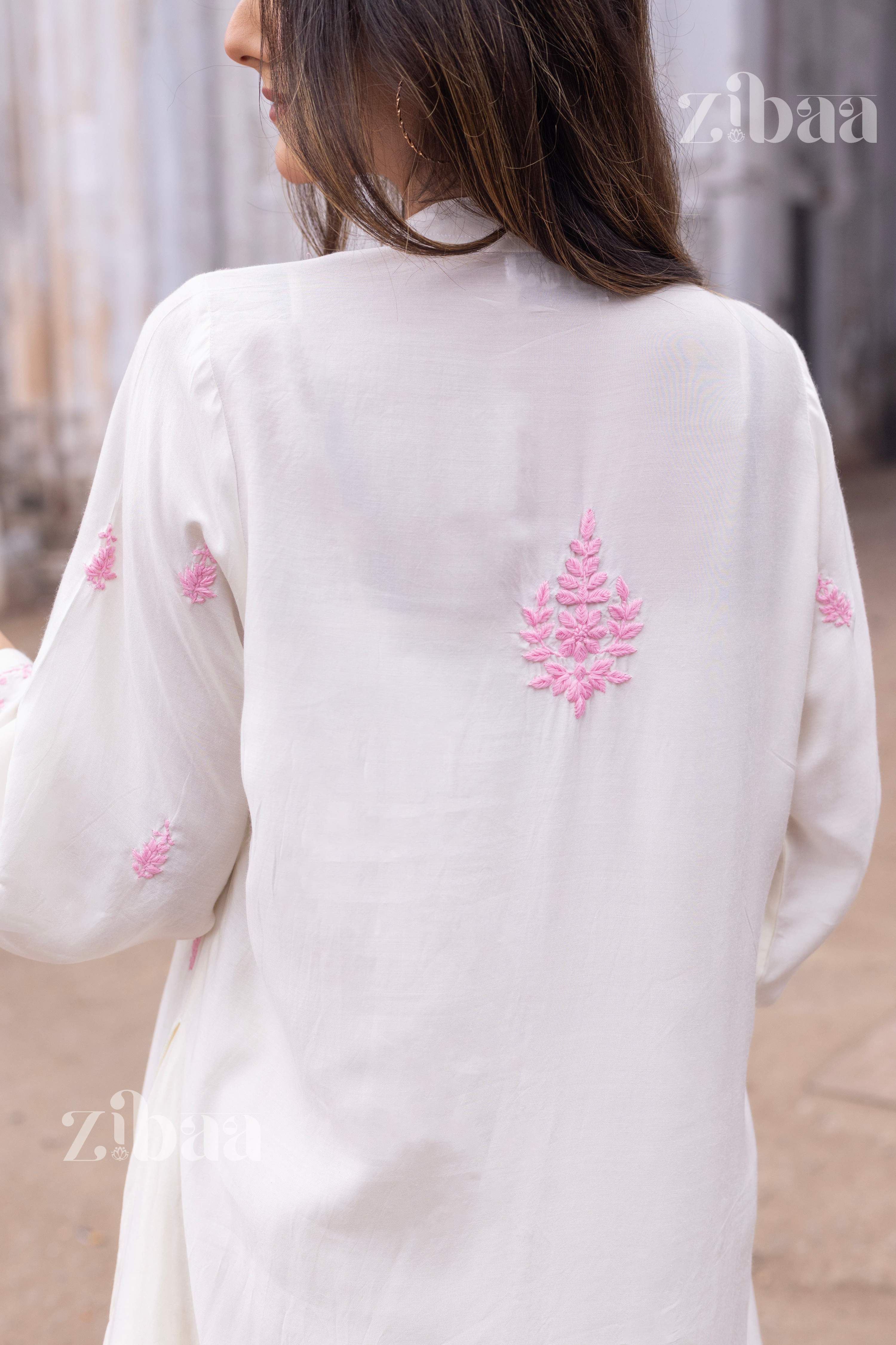 Zibaa Ivory Muslin Long Chikankari Kurta | Grocsy