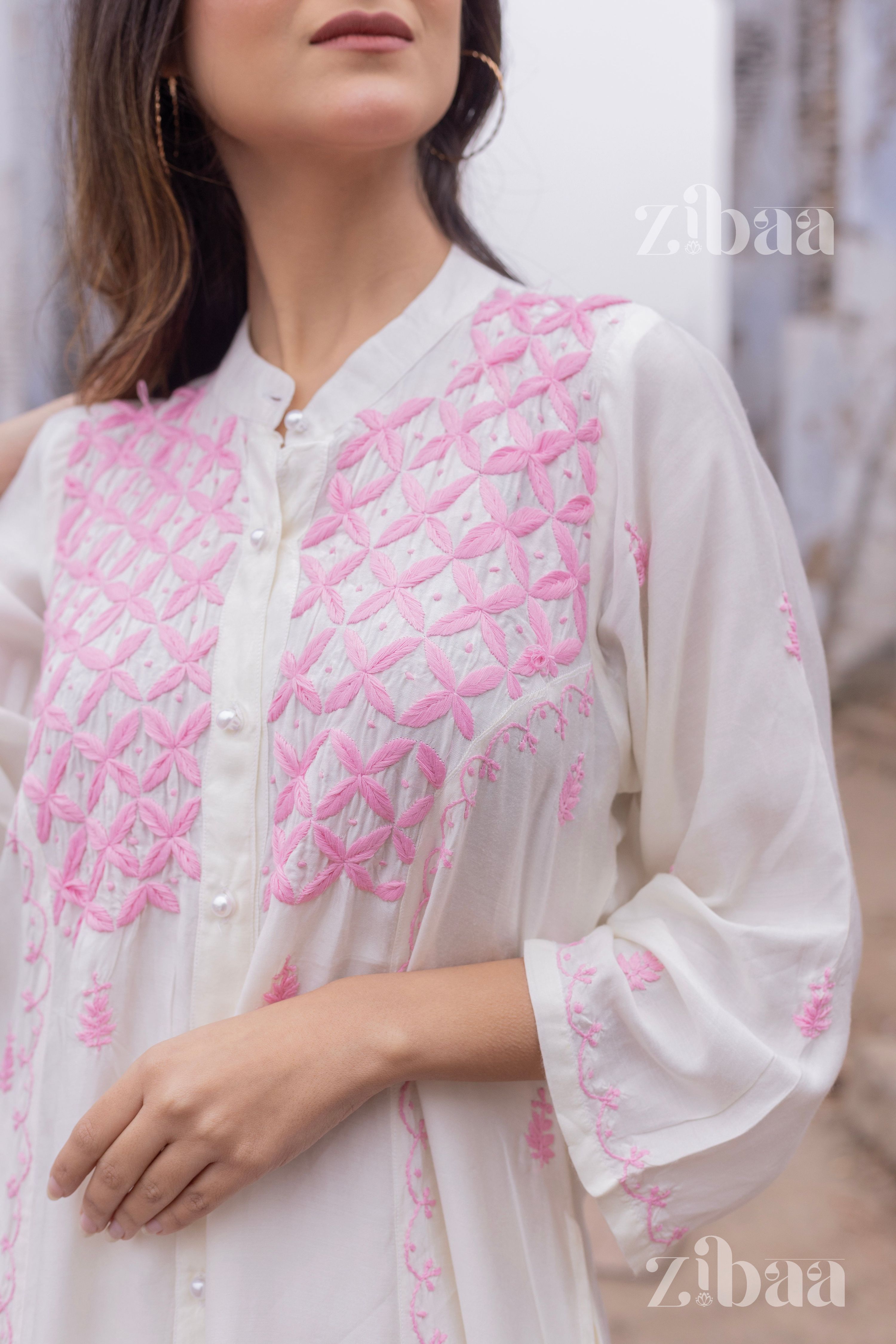 Zibaa Ivory Muslin Long Chikankari Kurta | Grocsy