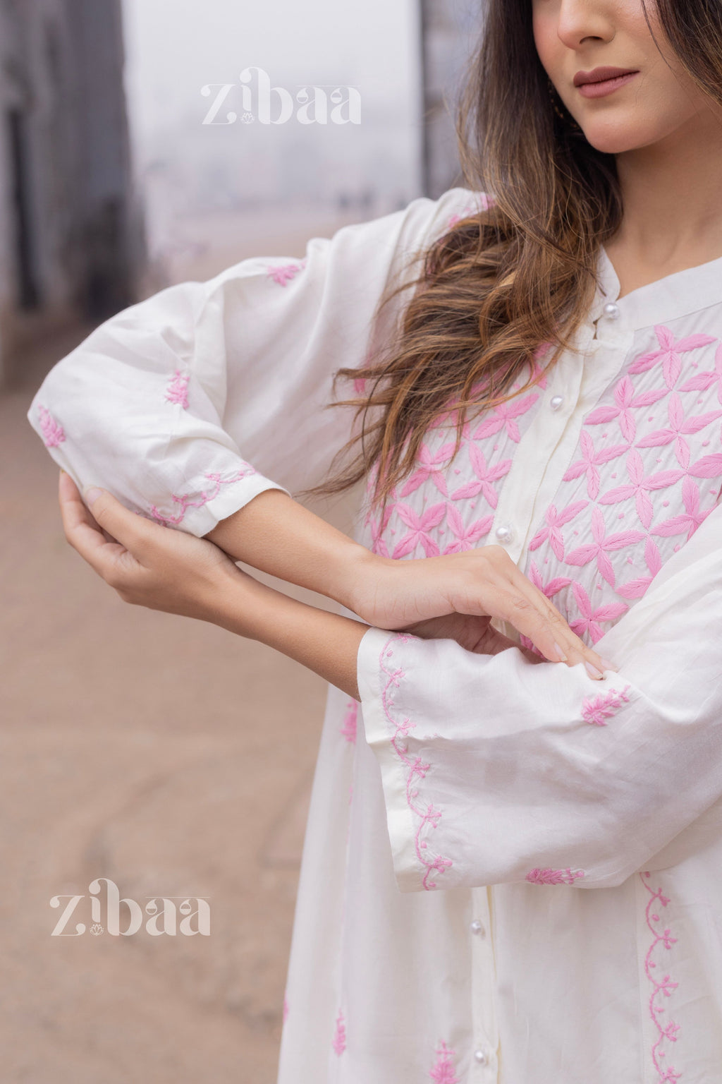 Zibaa Ivory Muslin Long Chikankari Kurta | Grocsy