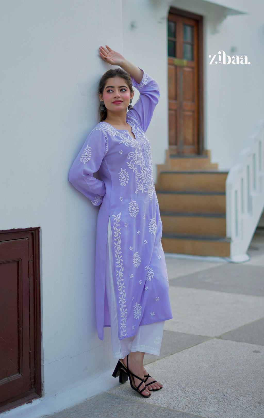 Zibaa Modal Lavender Chikankari Kurta | Grocsy