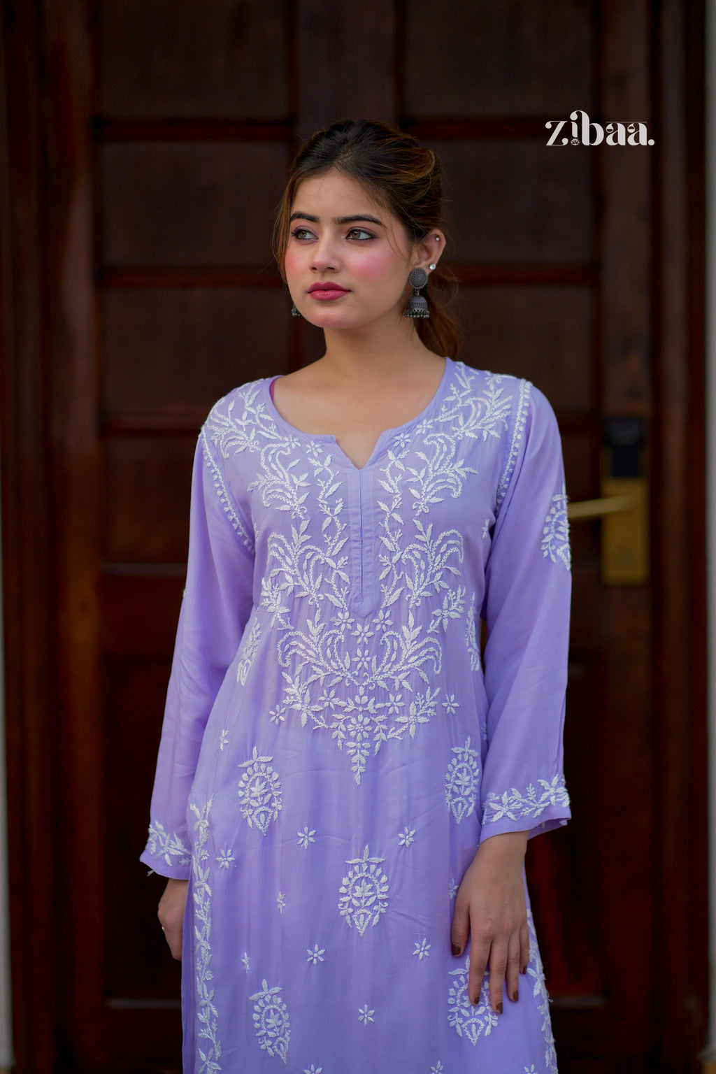 Zibaa Modal Lavender Chikankari Kurta | Grocsy