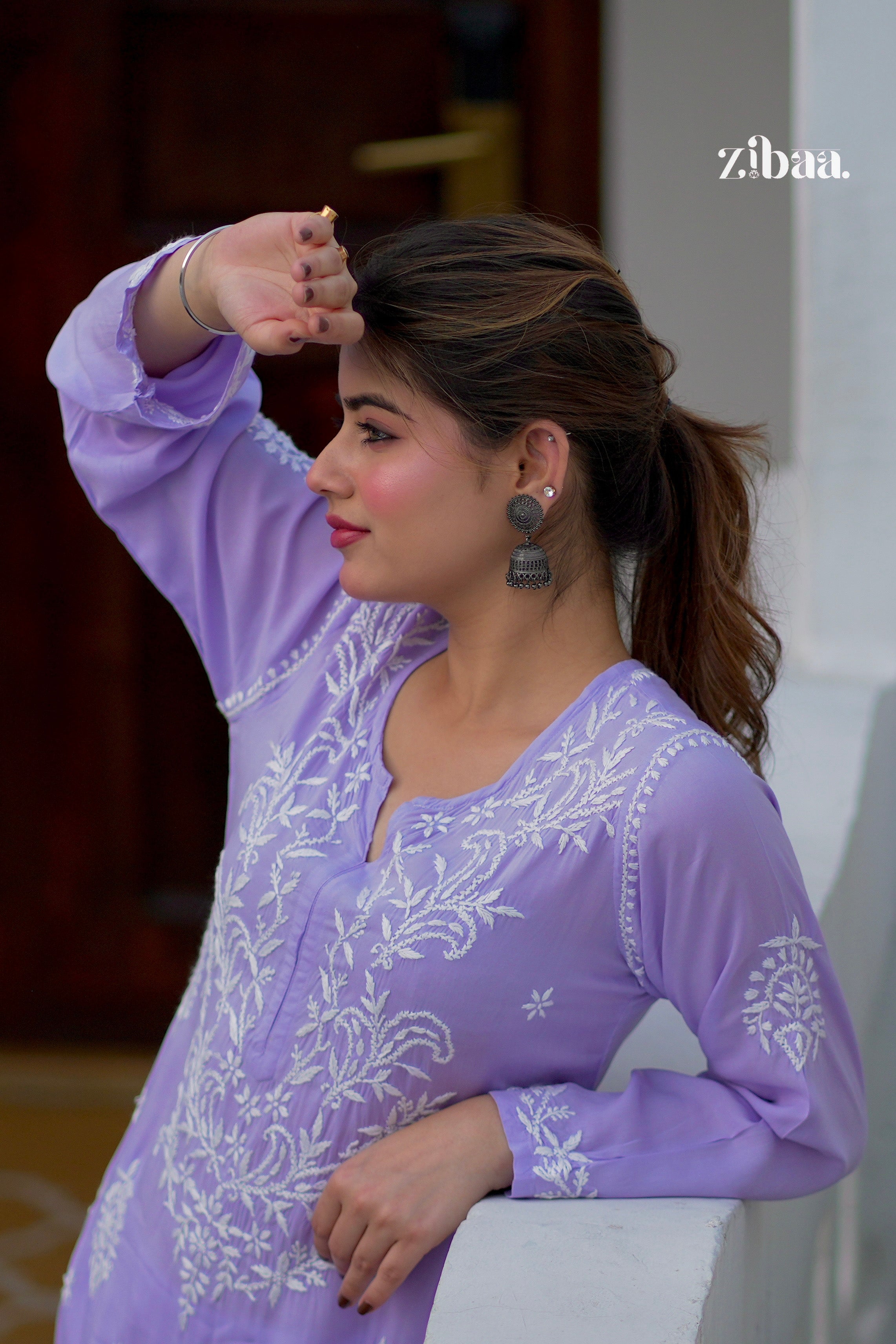 Zibaa Modal Lavender Chikankari Kurta | Grocsy
