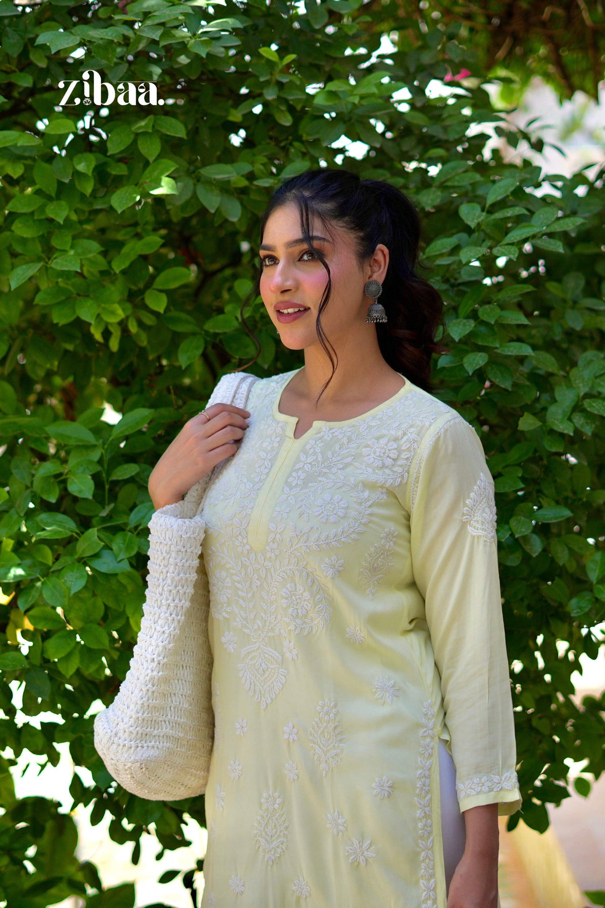 Zibaa Modal Butter Yellow Chikankari Kurta | Grocsy