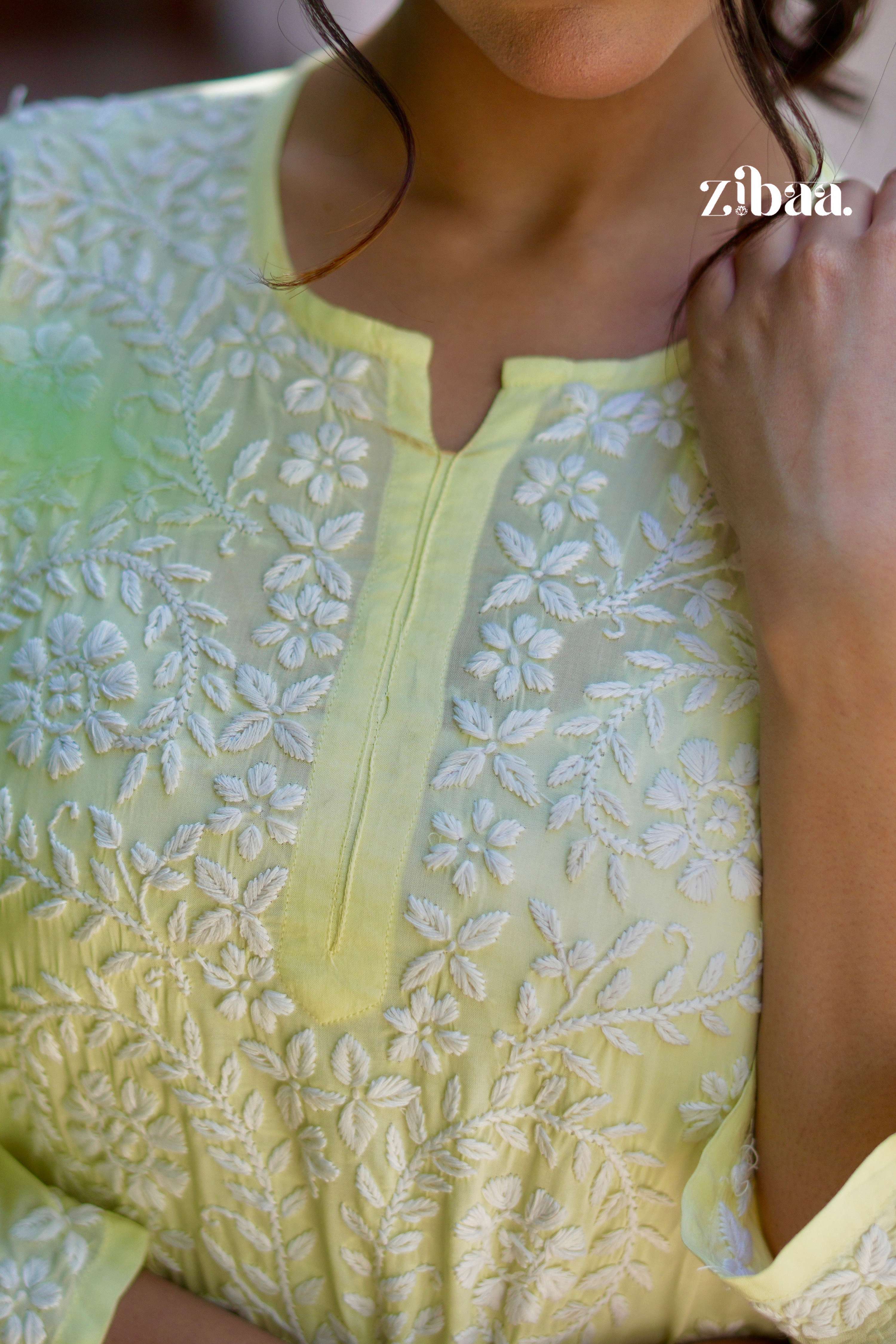 Zibaa Modal Butter Yellow Chikankari Kurta | Grocsy