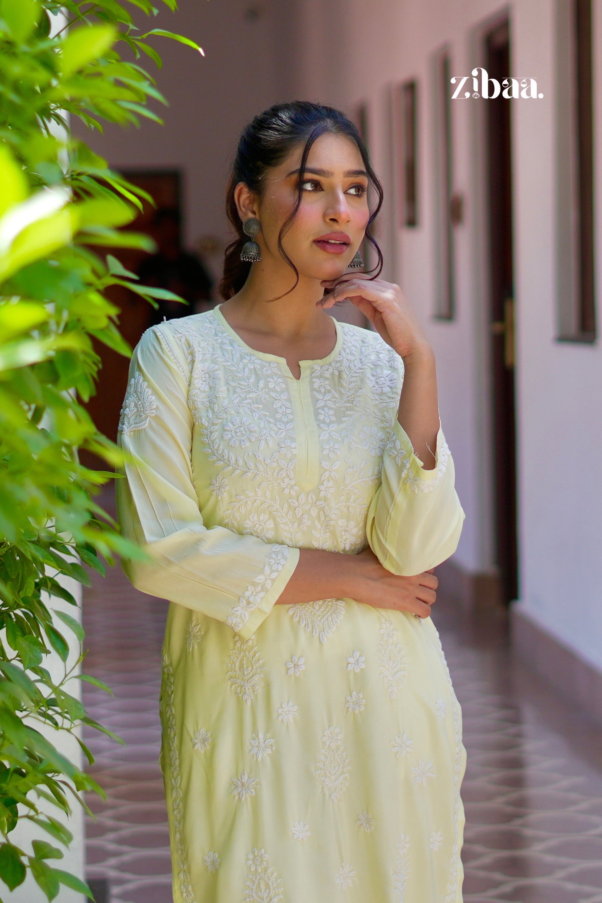 Zibaa Modal Butter Yellow Chikankari Kurta | Grocsy