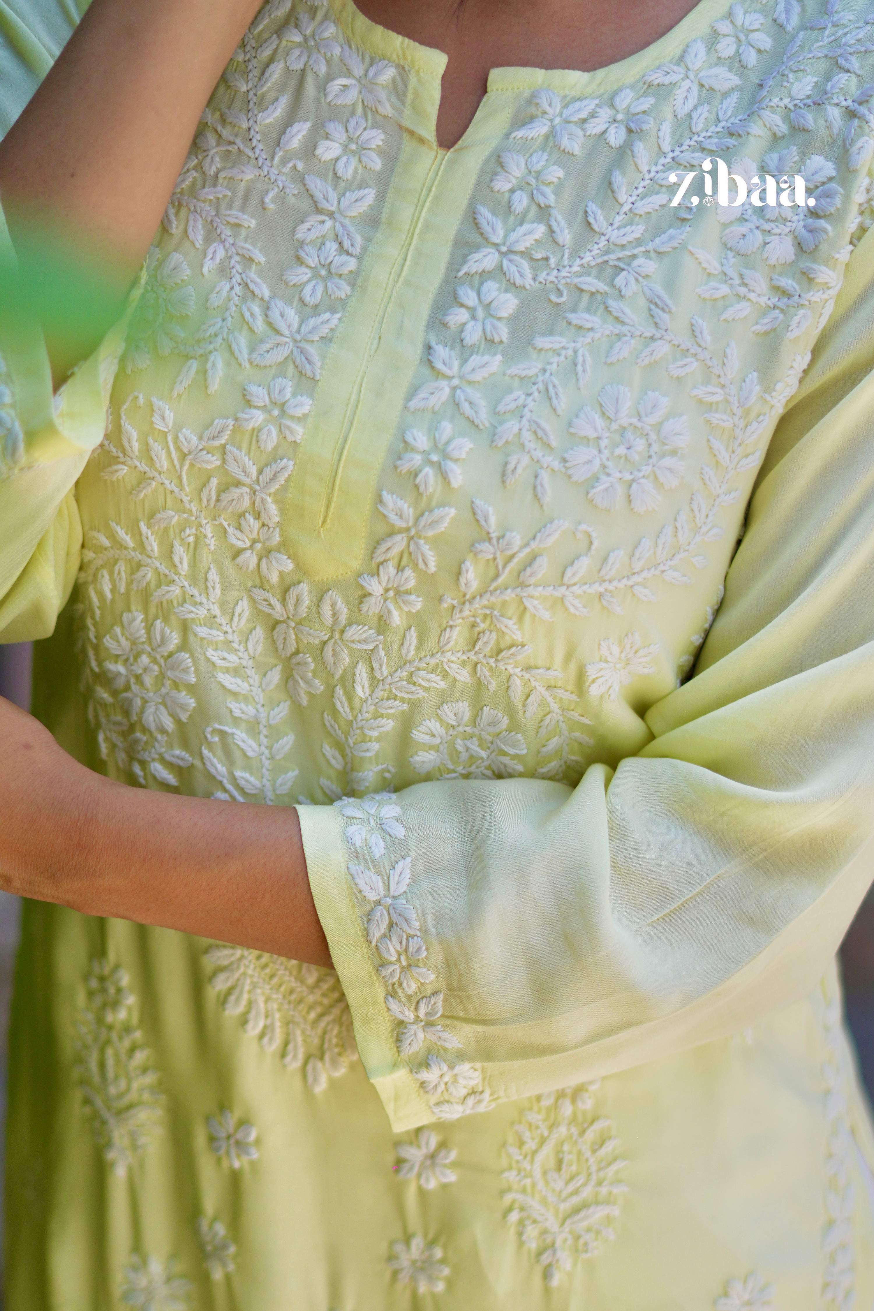 Zibaa Modal Butter Yellow Chikankari Kurta | Grocsy