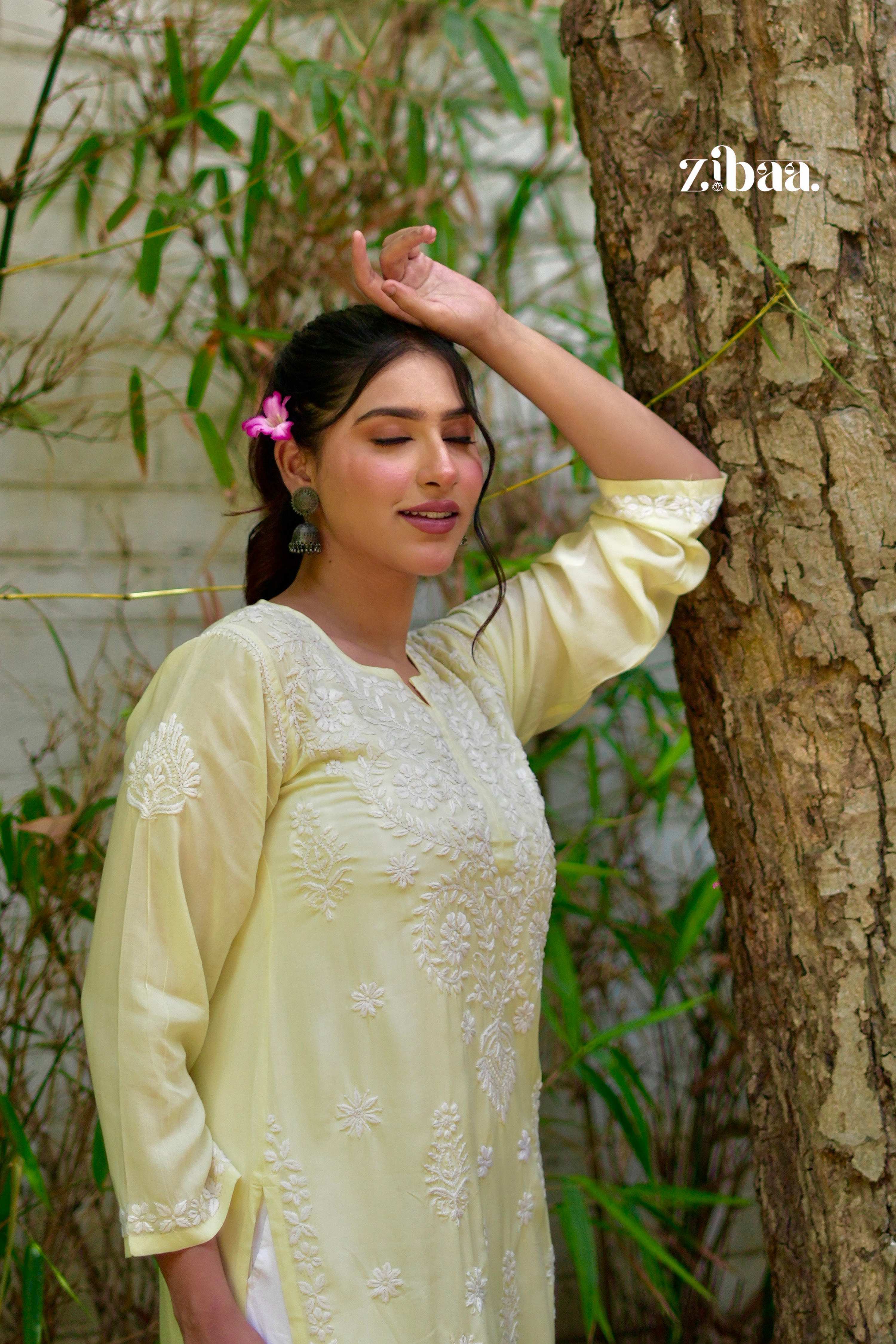 Zibaa Modal Butter Yellow Chikankari Kurta | Grocsy