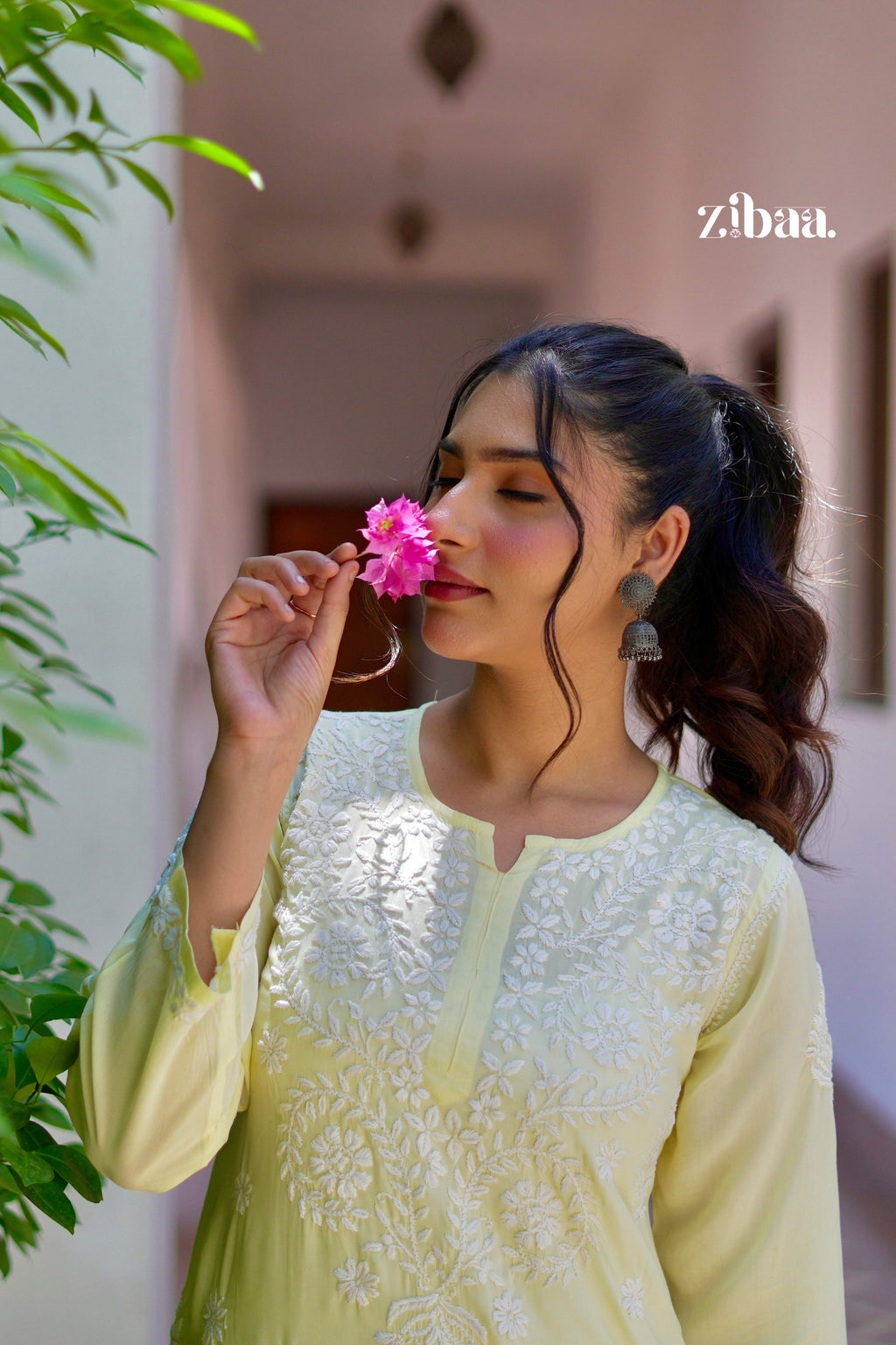 Zibaa Modal Butter Yellow Chikankari Kurta | Grocsy